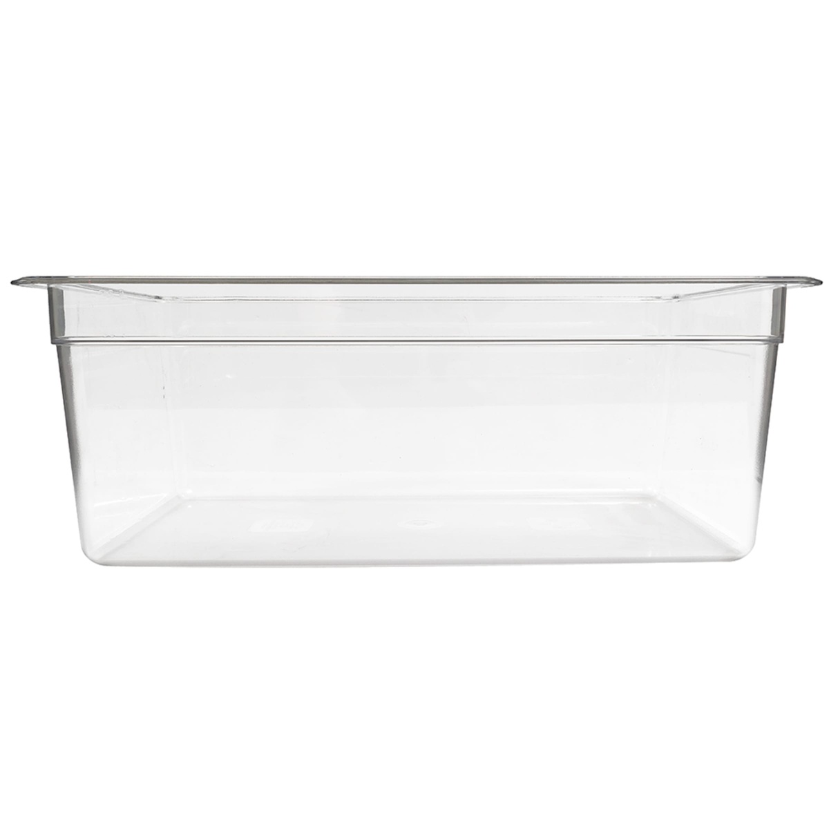 Cambro 18CW135 clear food pan front view showing straight sides and uniform flange detail