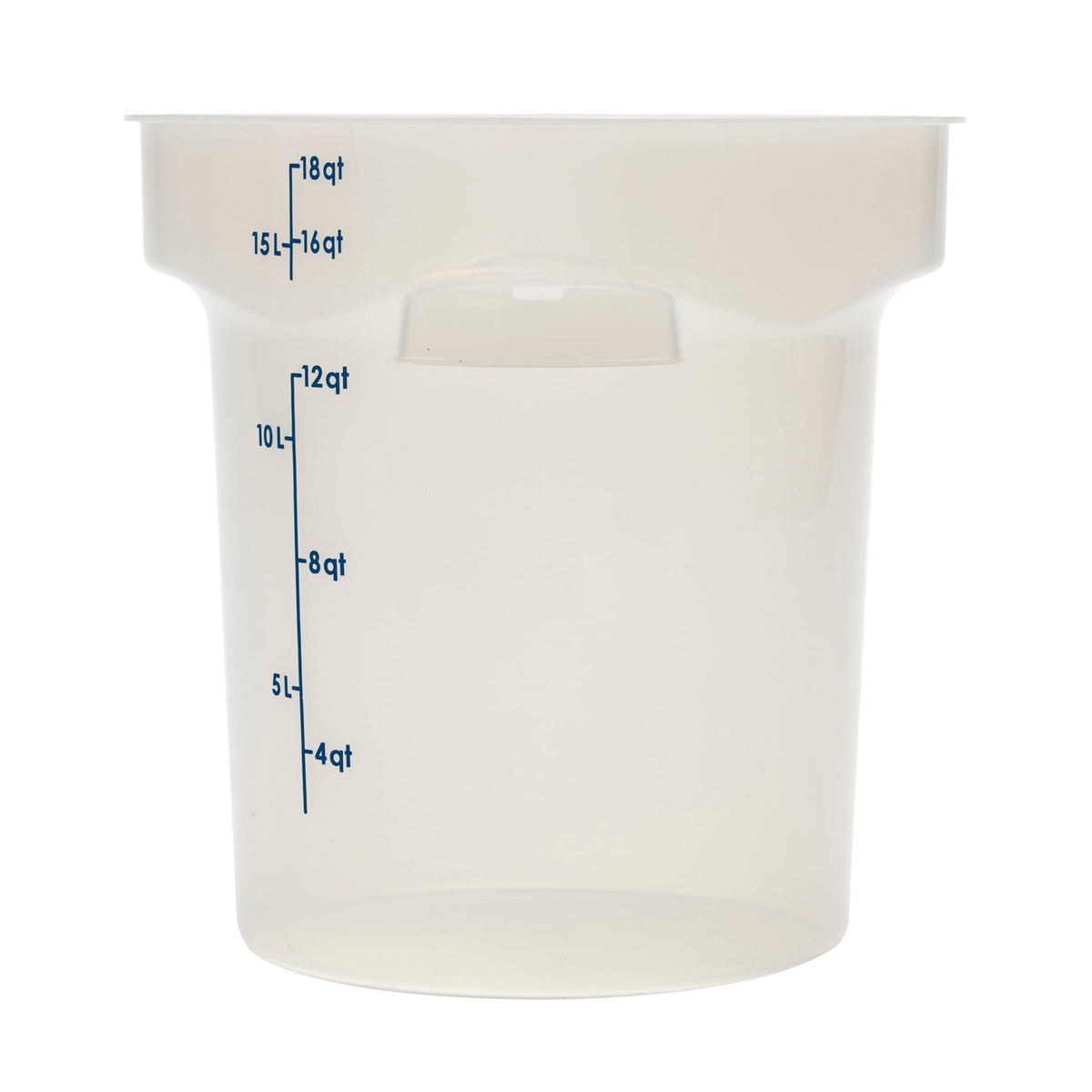 Close-up angle view of Cambro 18 qt round food storage container showing recessed handle and blue graduation scale