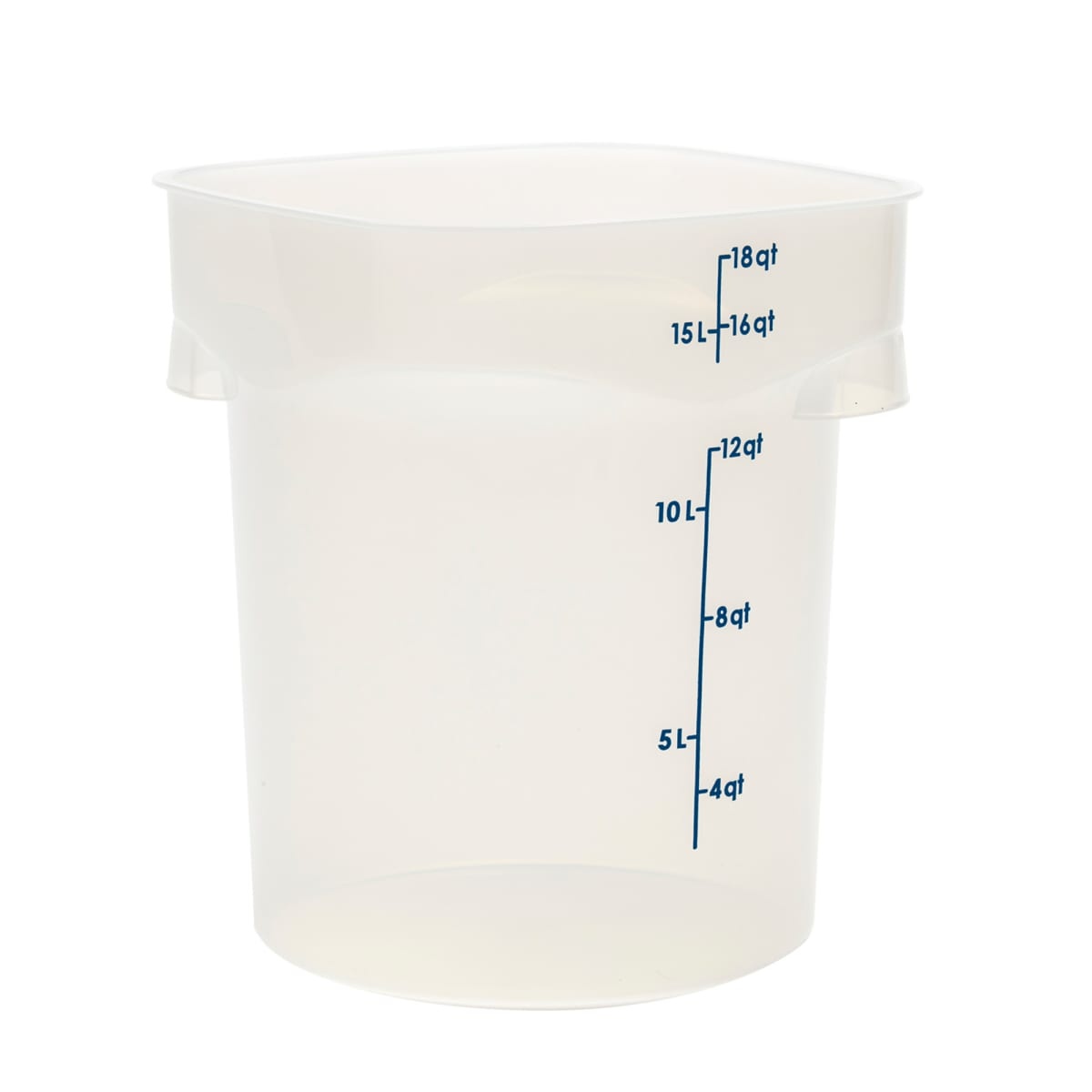 Cambro 18 qt translucent round food storage container with blue graduation markings on white background