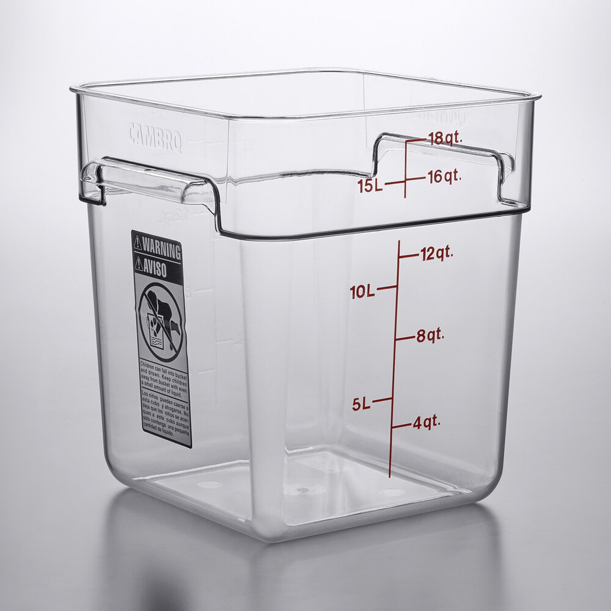 Cambro 18SFSCW135 clear square polycarbonate food storage container with red measurement graduations and molded handles