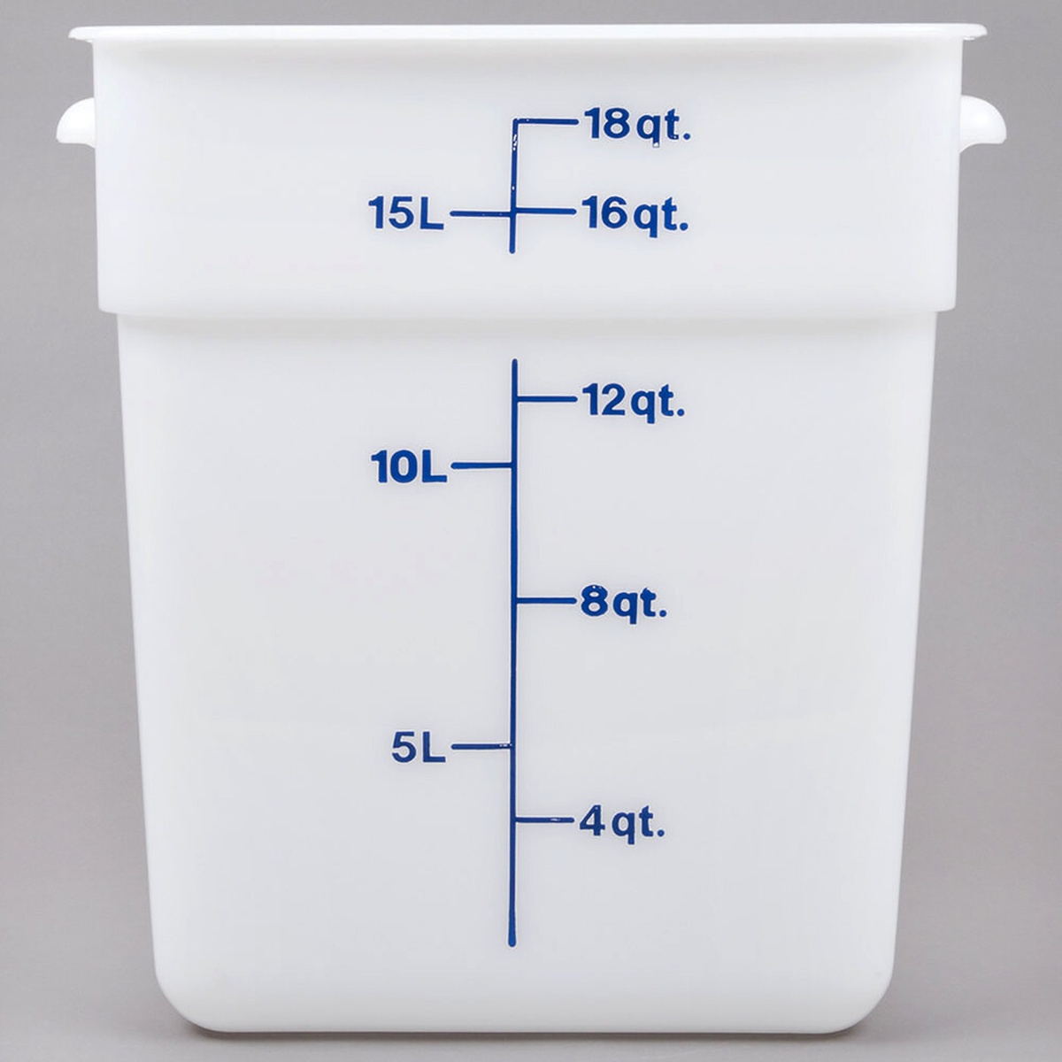 Cambro 18SFSP148 white square polyethylene food storage container with midnight blue quart and liter measurement graduations