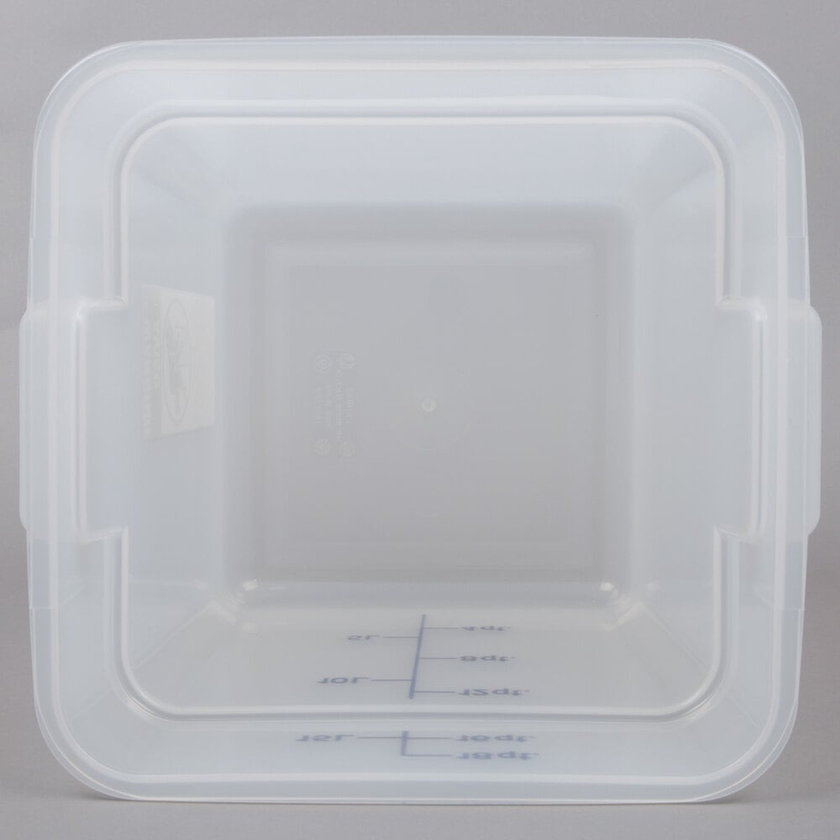Top-down view of Cambro 18SFSPP190 translucent square food storage container showing built-in side handles