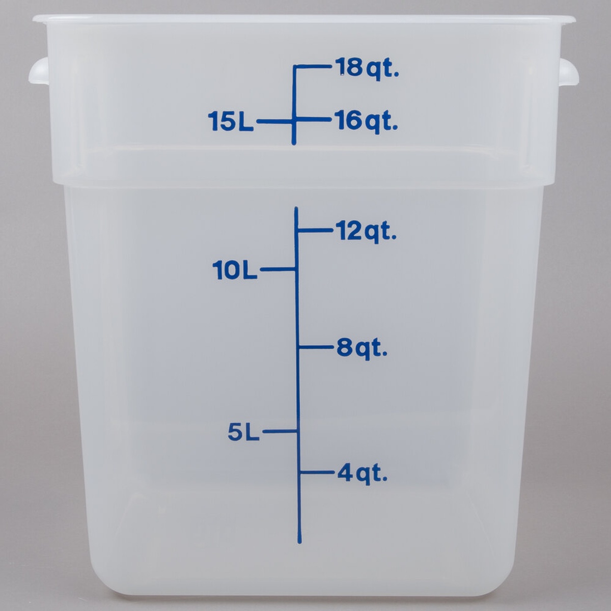 Cambro 18SFSPP190 translucent square food storage container with blue quart and liter measurement graduations