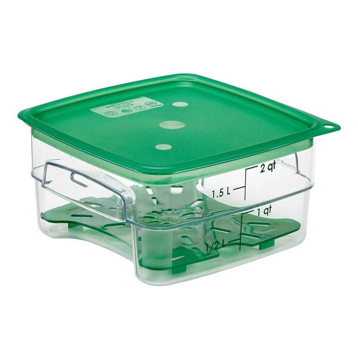 Cambro CamSquares FreshPro clear container fitted with a green color-coded seal cover lid and matching green drain tray inside