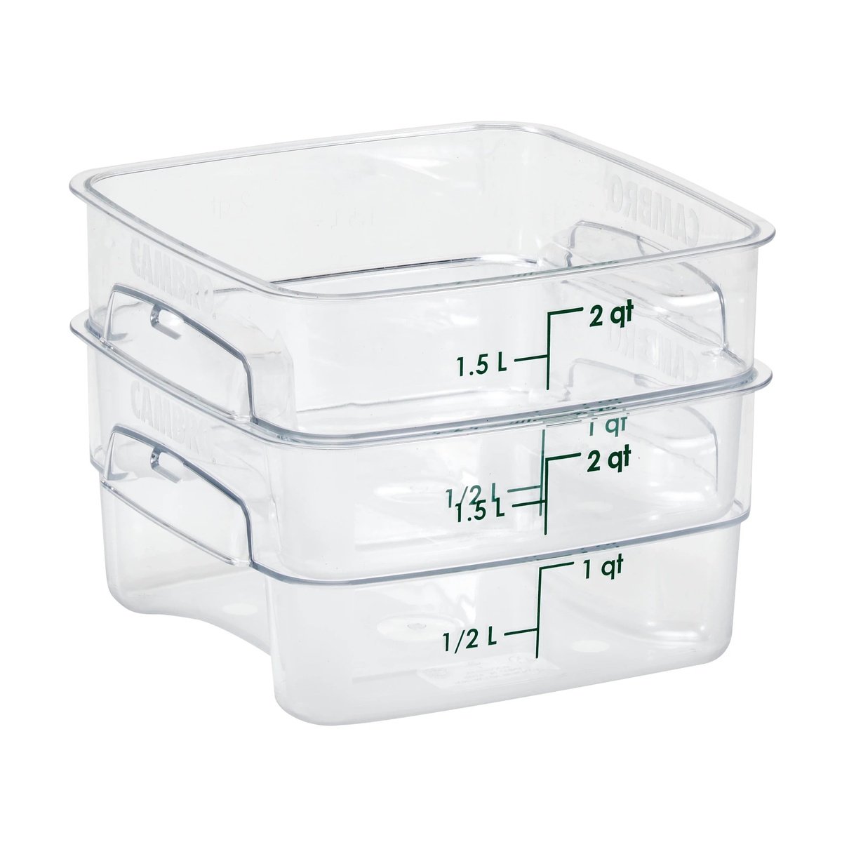 Three Cambro CamSquares FreshPro clear polycarbonate containers stacked securely on top of one another, demonstrating space-saving stackability