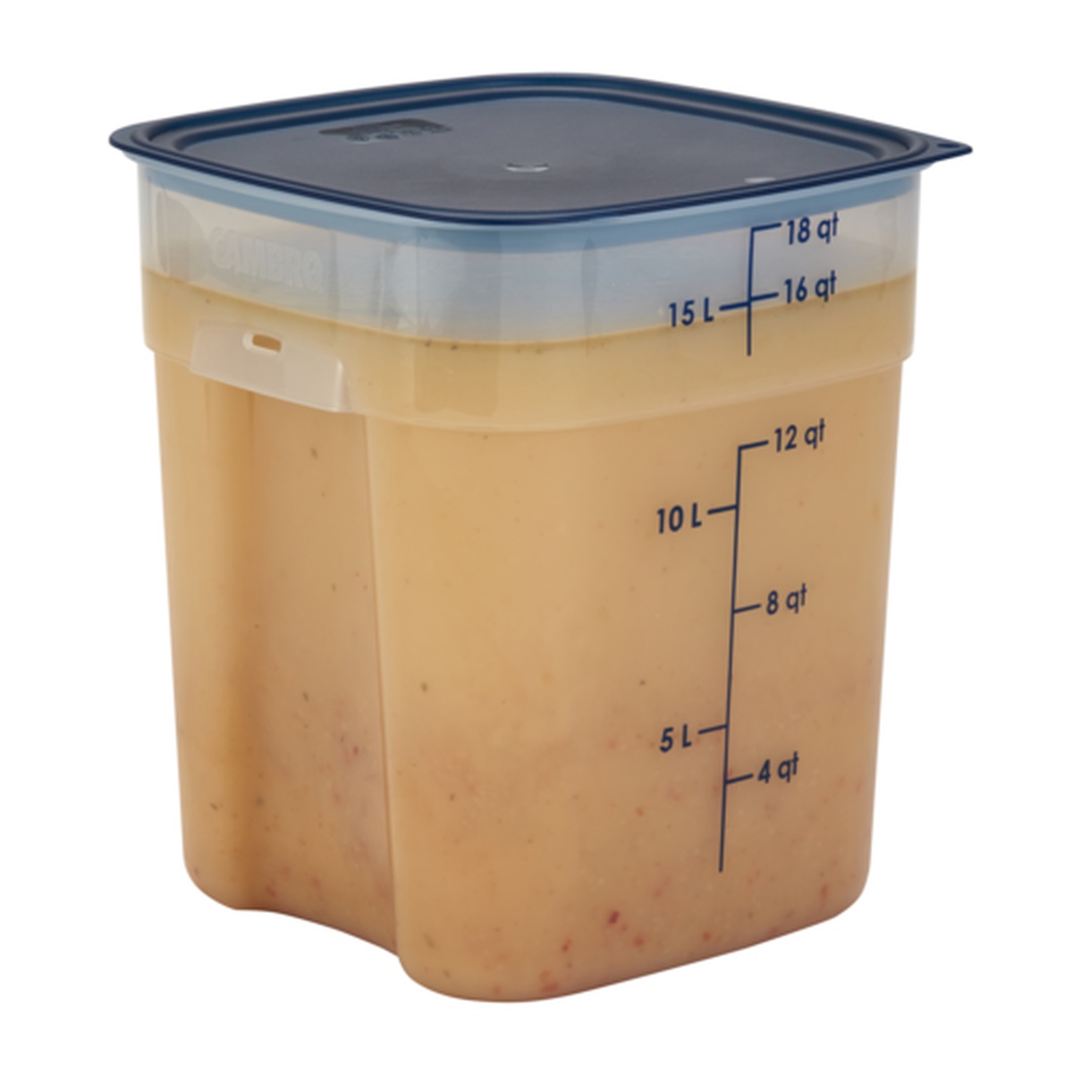 Cambro 18SFSPROPP190 translucent square polypropylene food storage container with blue graduation markings and blue lid, filled with food product