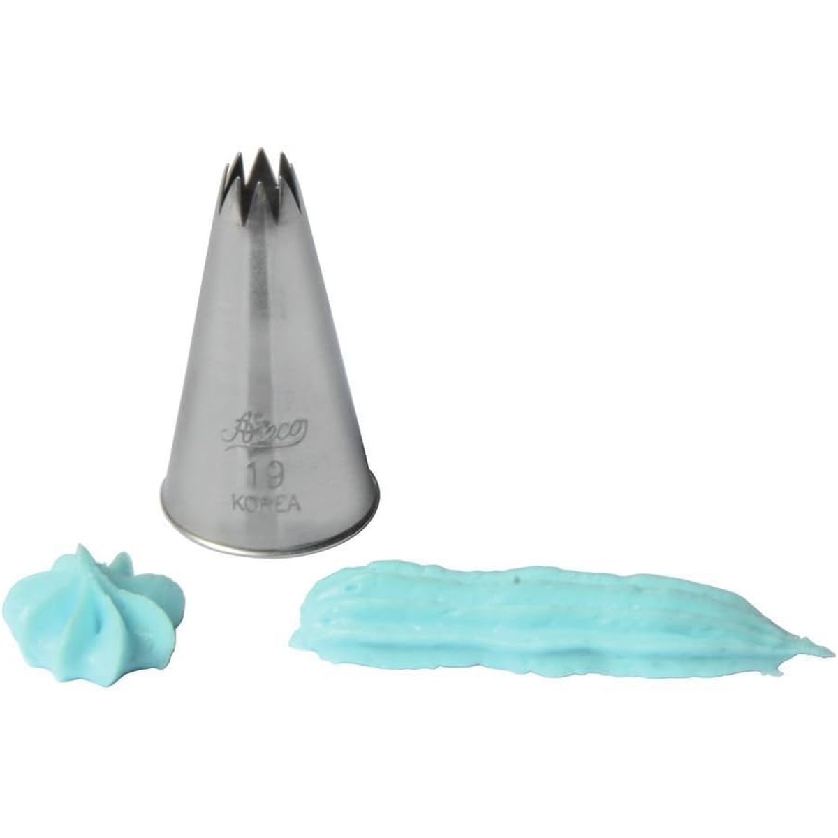 Ateco #19 piping tip shown alongside sample rosette and shell icing patterns piped in blue