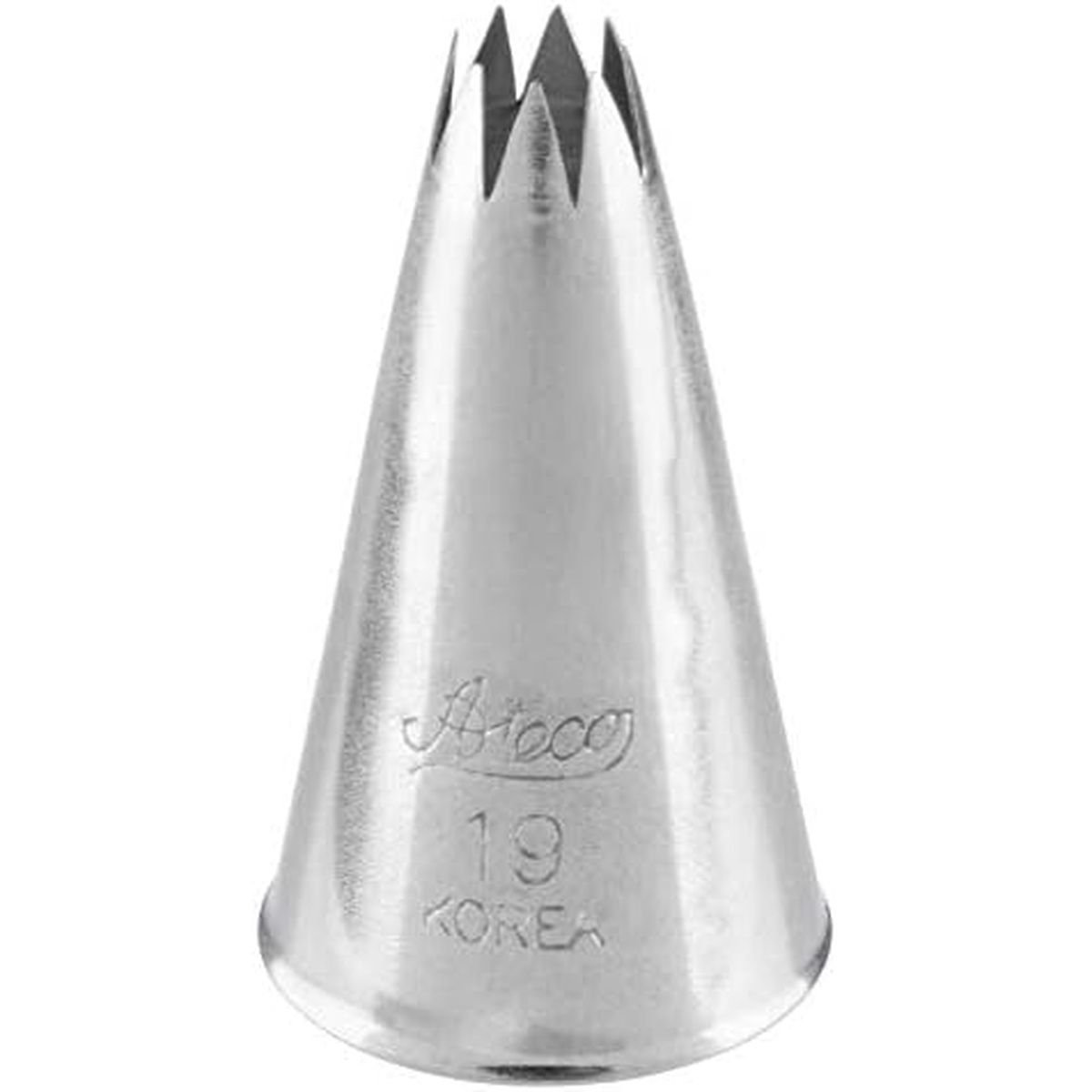 Ateco #19 open star piping tip alternate angle highlighting the conical stainless steel body