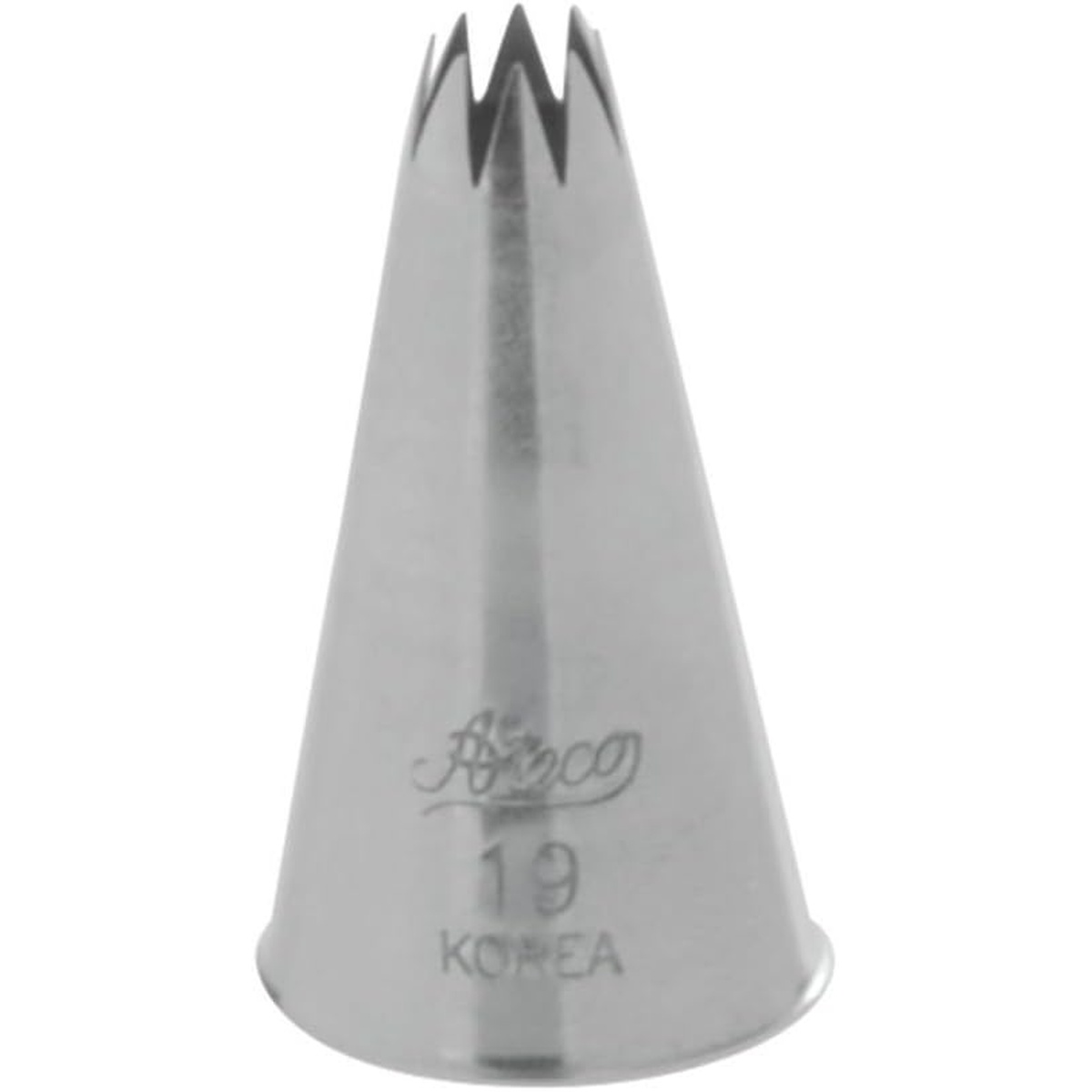 Ateco #19 open star piping tip side view showing star-cut opening and stamped logo
