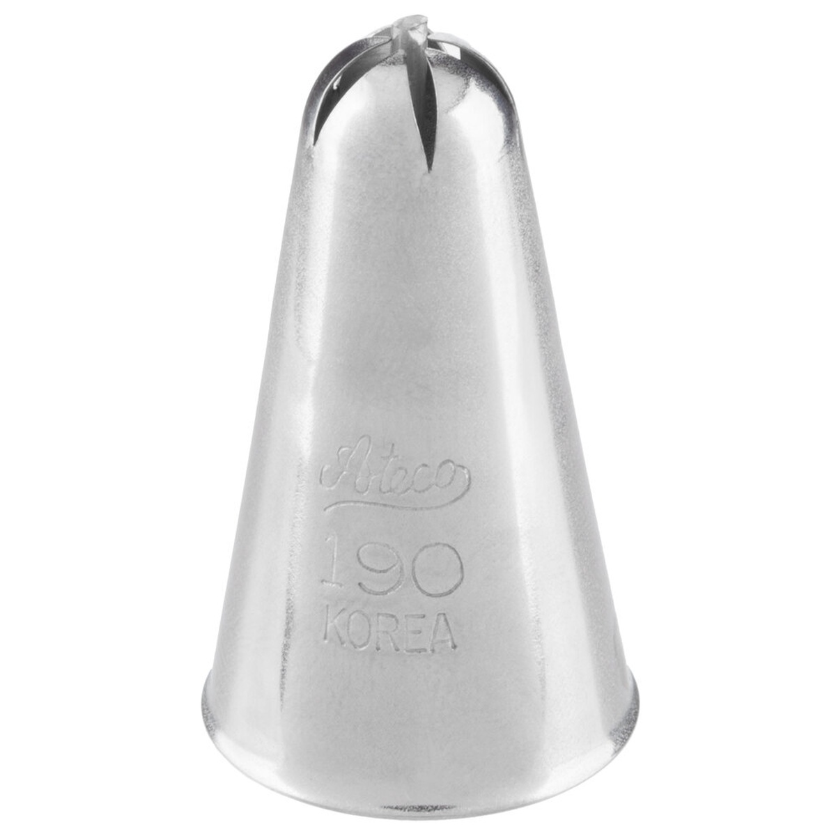 Ateco 190 stainless steel drop flower piping tip showing 5-point opening stamped with brand name and model number