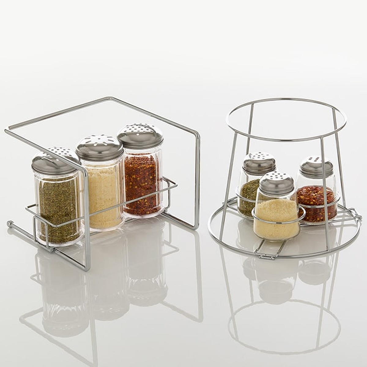 Chrome wire stands styled with spice shakers placed on top and underneath, demonstrating versatile display use