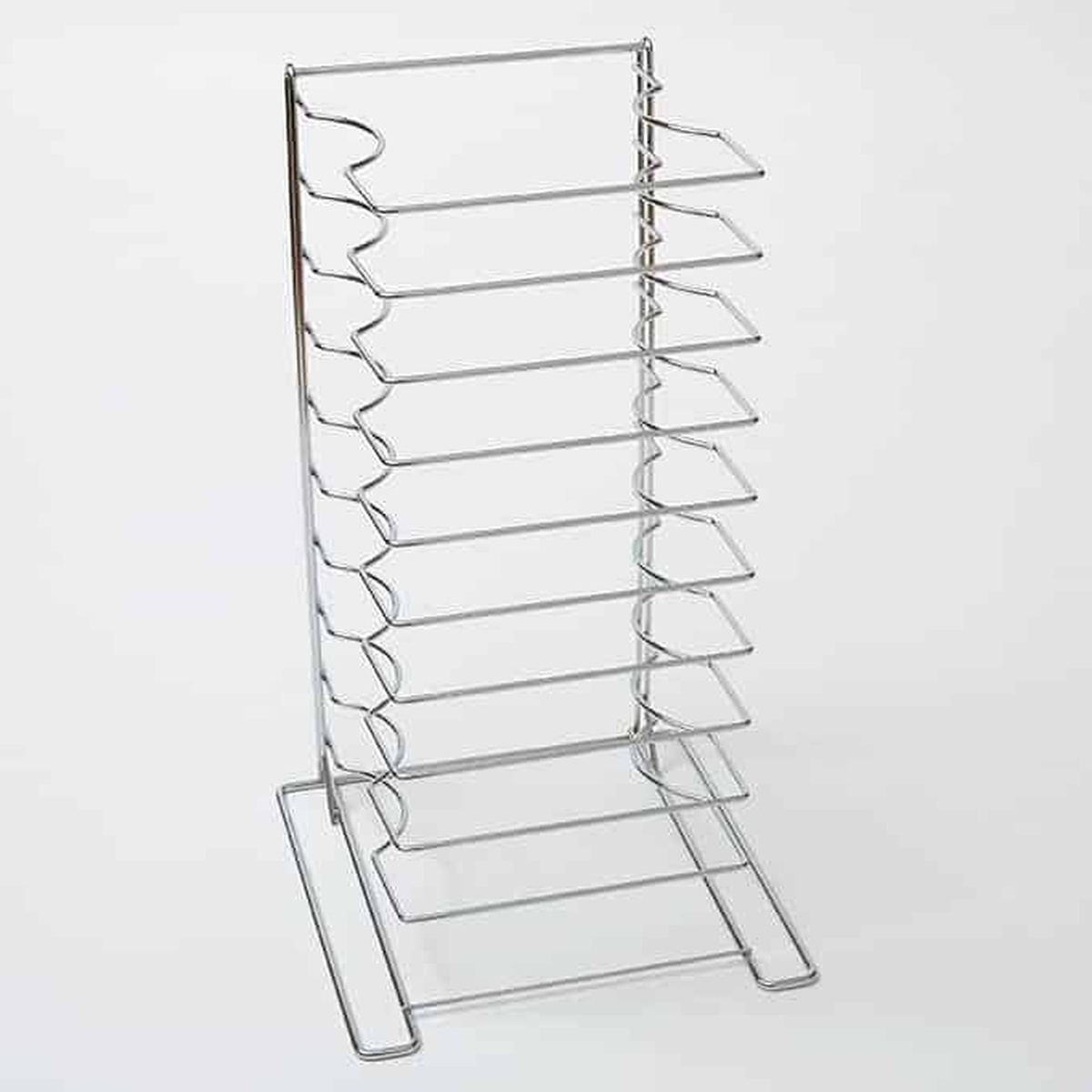 American Metalcraft 19033 chrome-plated steel oversized pizza pan rack with 10 shelves on a white background