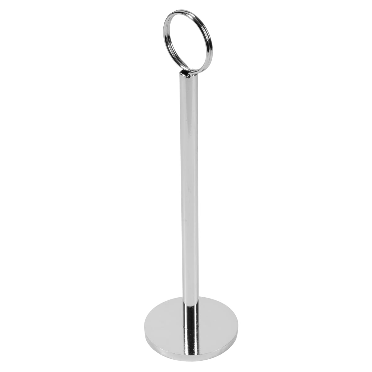 TableCraft 1908 chrome number stand with circular ring top and flat round base, full product view