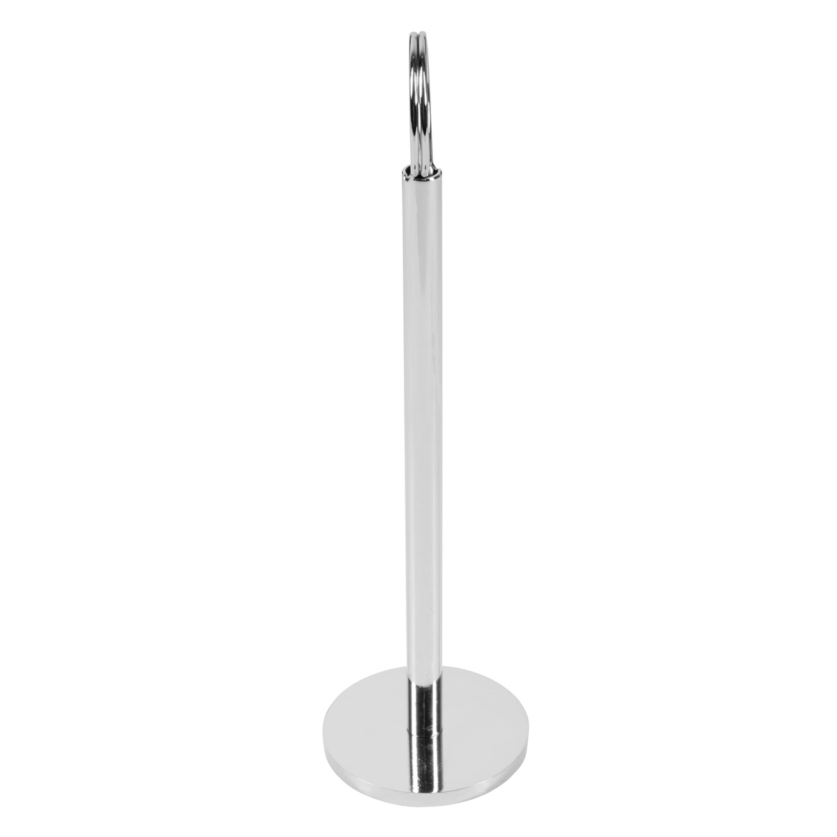 TableCraft 1908 chrome number stand shown from side angle highlighting slender post and flat base