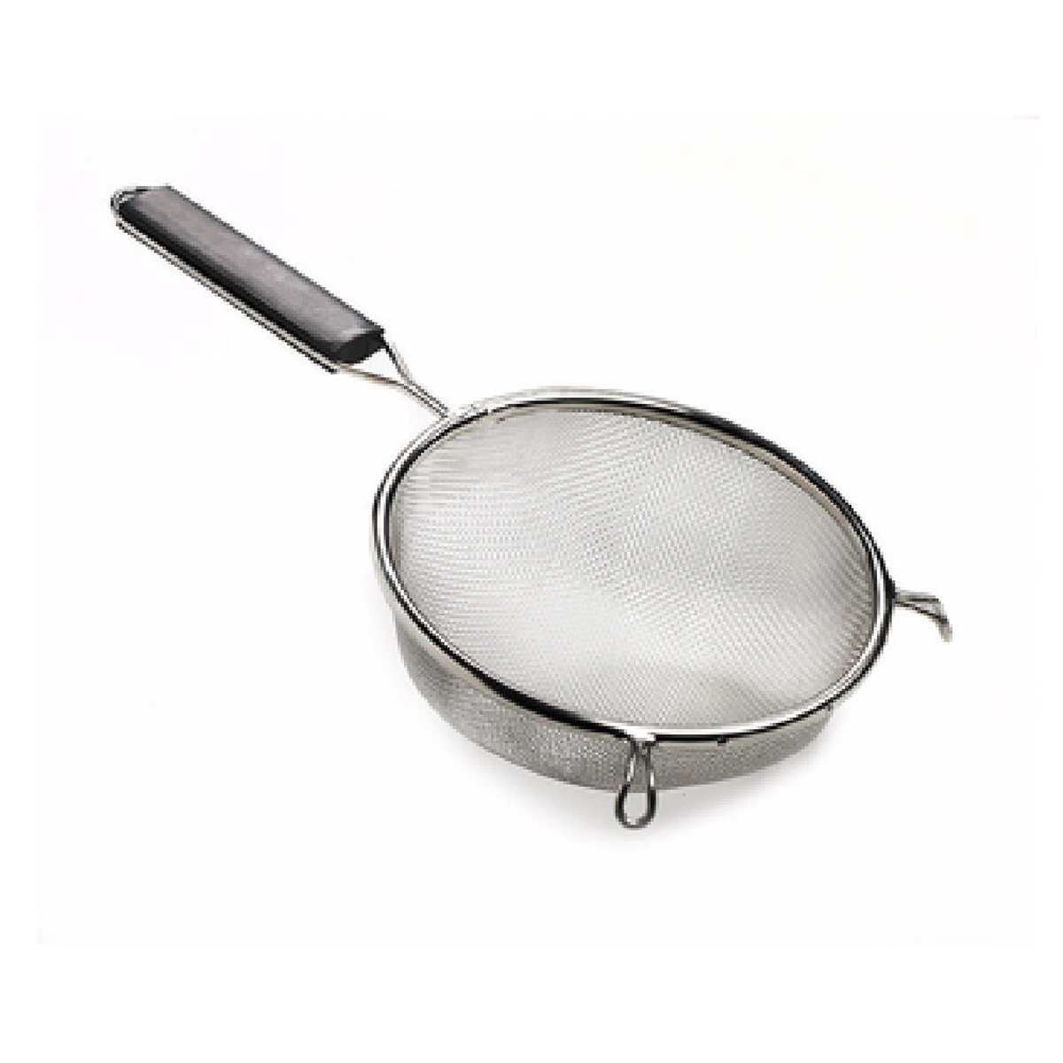 Browne USA Foodservice 19095 fine mesh strainer with black plastic handle and stainless steel bowl on white background