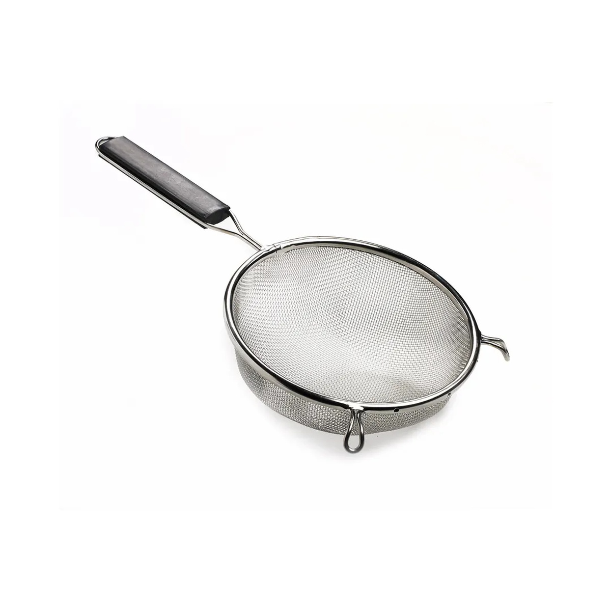 Browne USA 19096 6-inch fine mesh strainer with black plastic handle and stainless steel bowl on white background