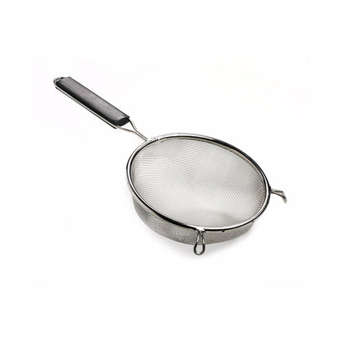Browne USA Foodservice 19097 stainless steel fine mesh strainer with black plastic handle and wire rim