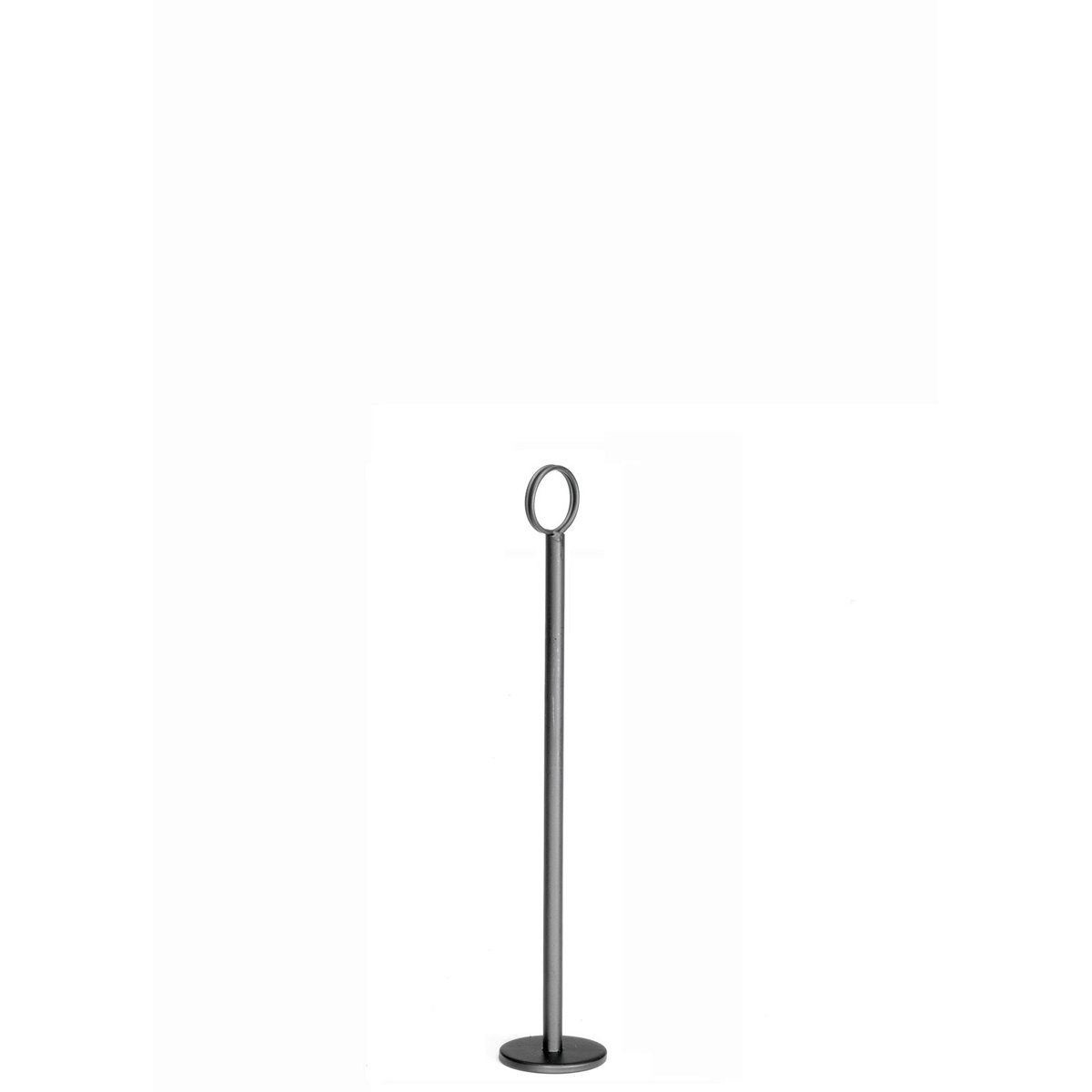 TableCraft BK1912 12-inch black powder coated number stand with flat base and ring top, side profile view