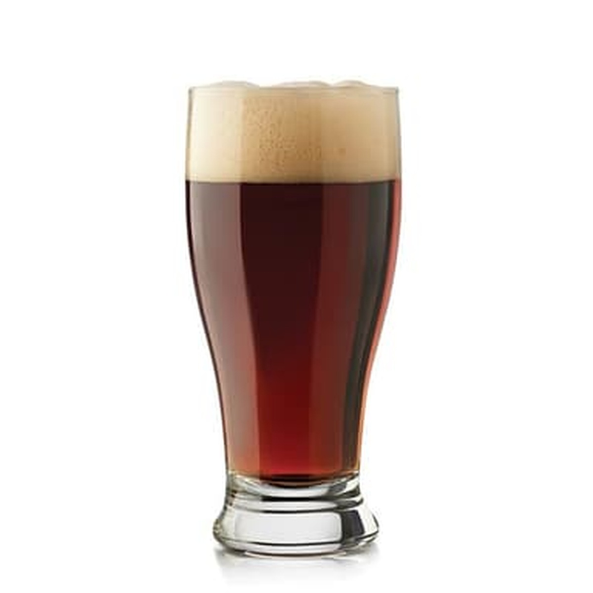 Libbey 194 pub glass filled with dark amber beer topped with foam head