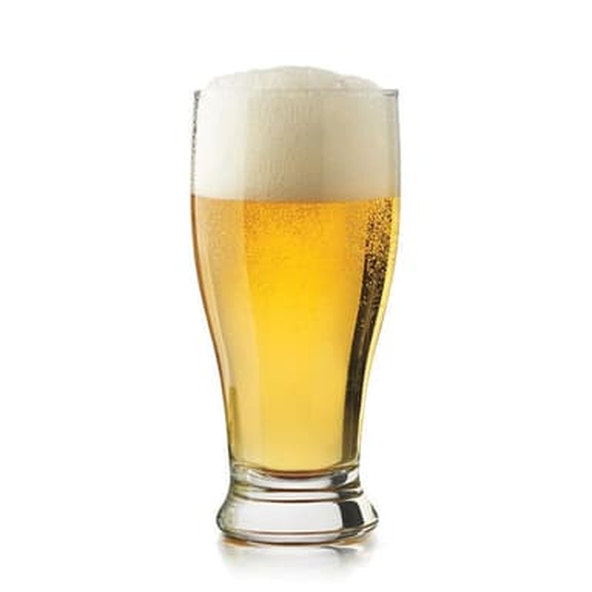 Libbey 194 pub glass filled with golden lager beer and white foam head