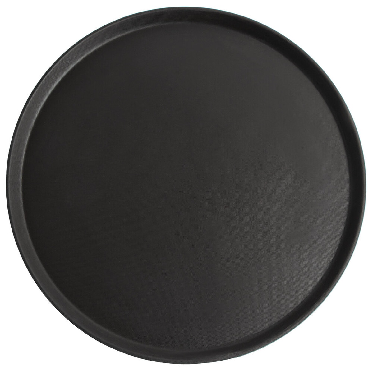 Cambro 1950CT110 Camtread 19 7/16-inch round black satin low-profile serving tray, top-down view showing non-skid textured surface