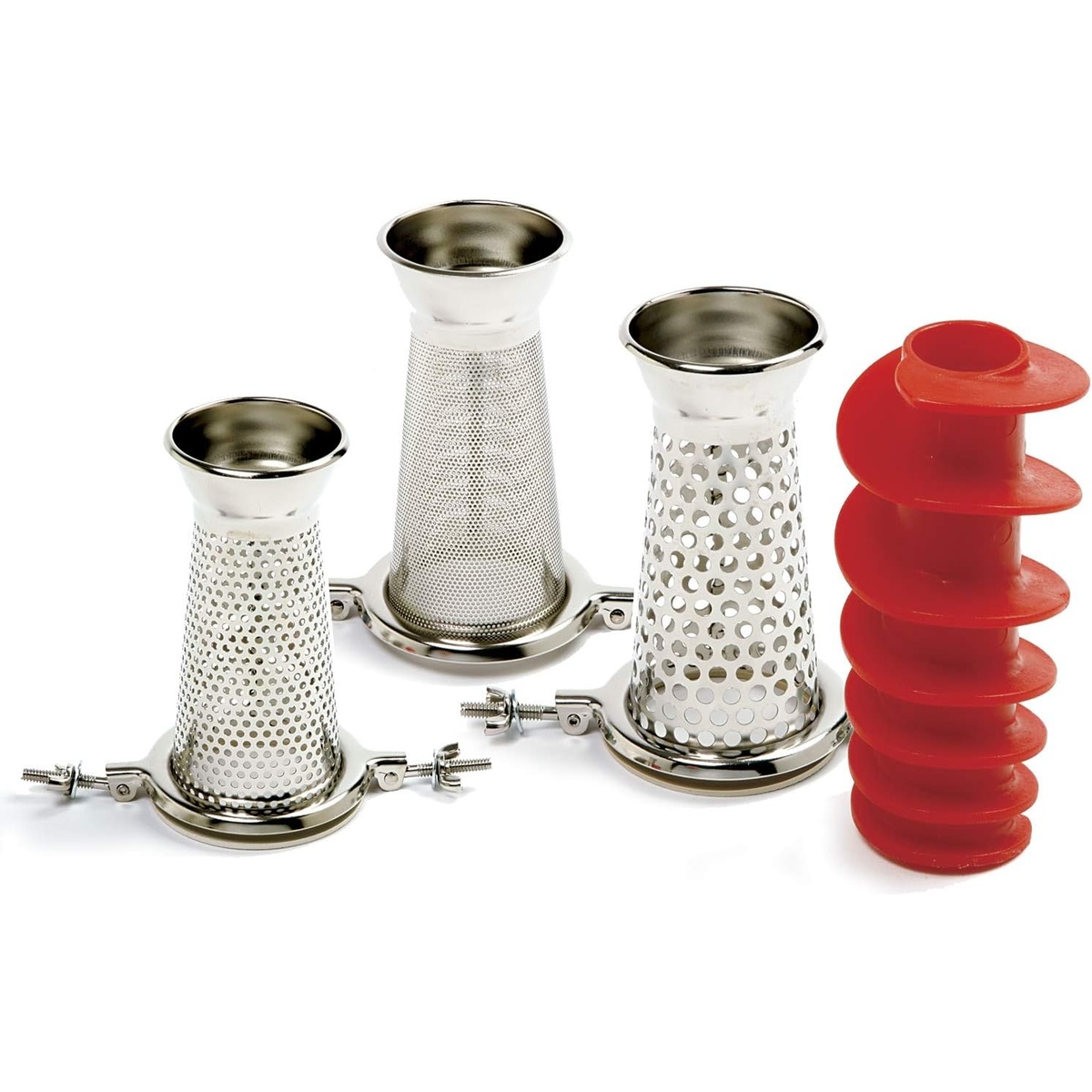 Norpro Sauce Master replacement parts including three chromed steel screens and red grape spiral auger on white background