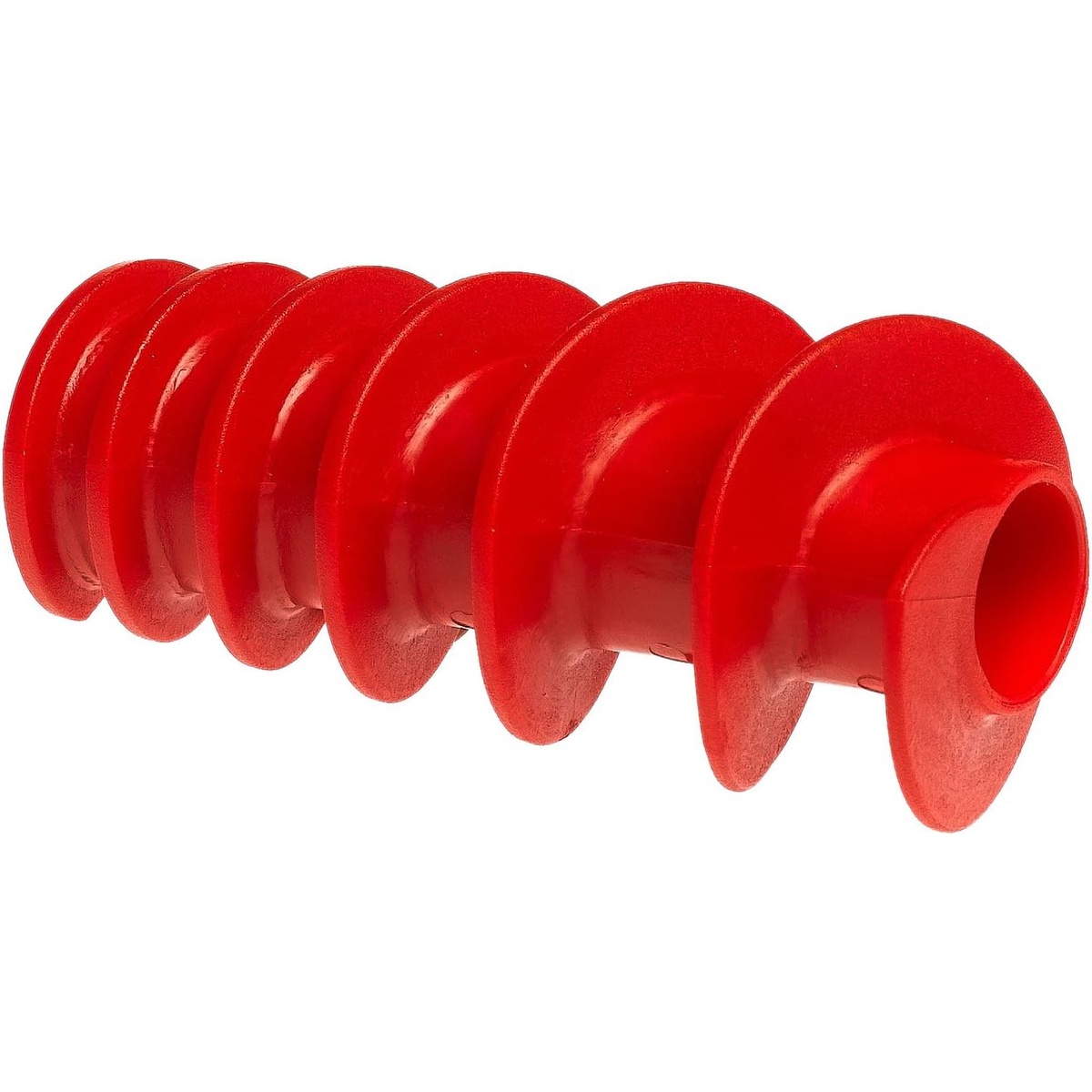 Norpro red plastic grape spiral auger shown at an angle on white background