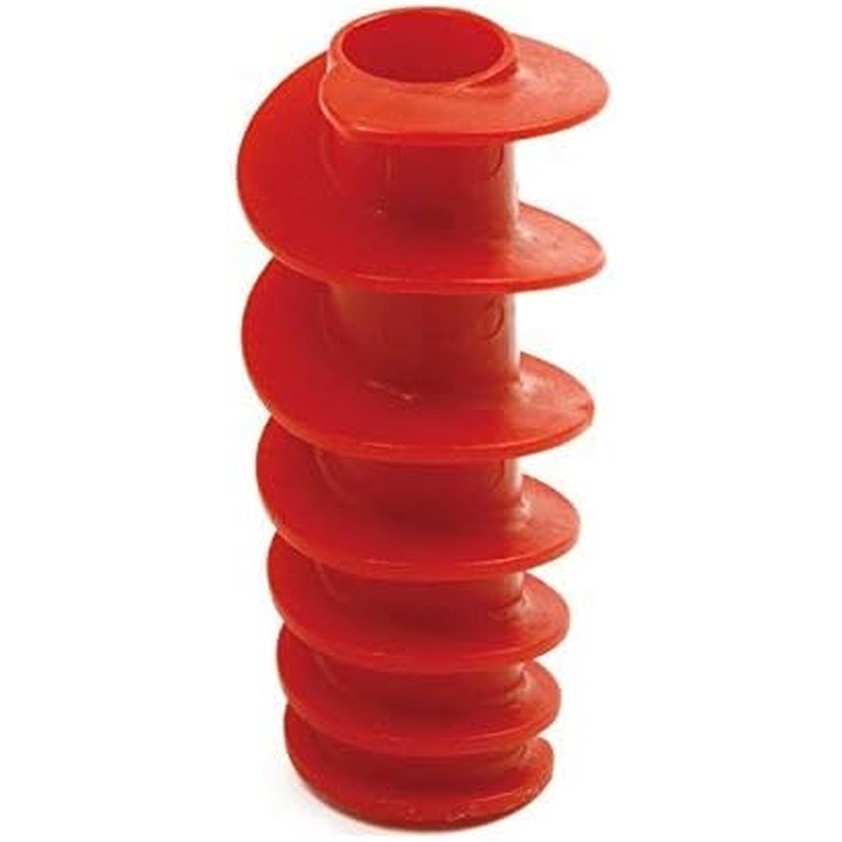 Norpro red plastic grape spiral auger shown upright vertically on white background