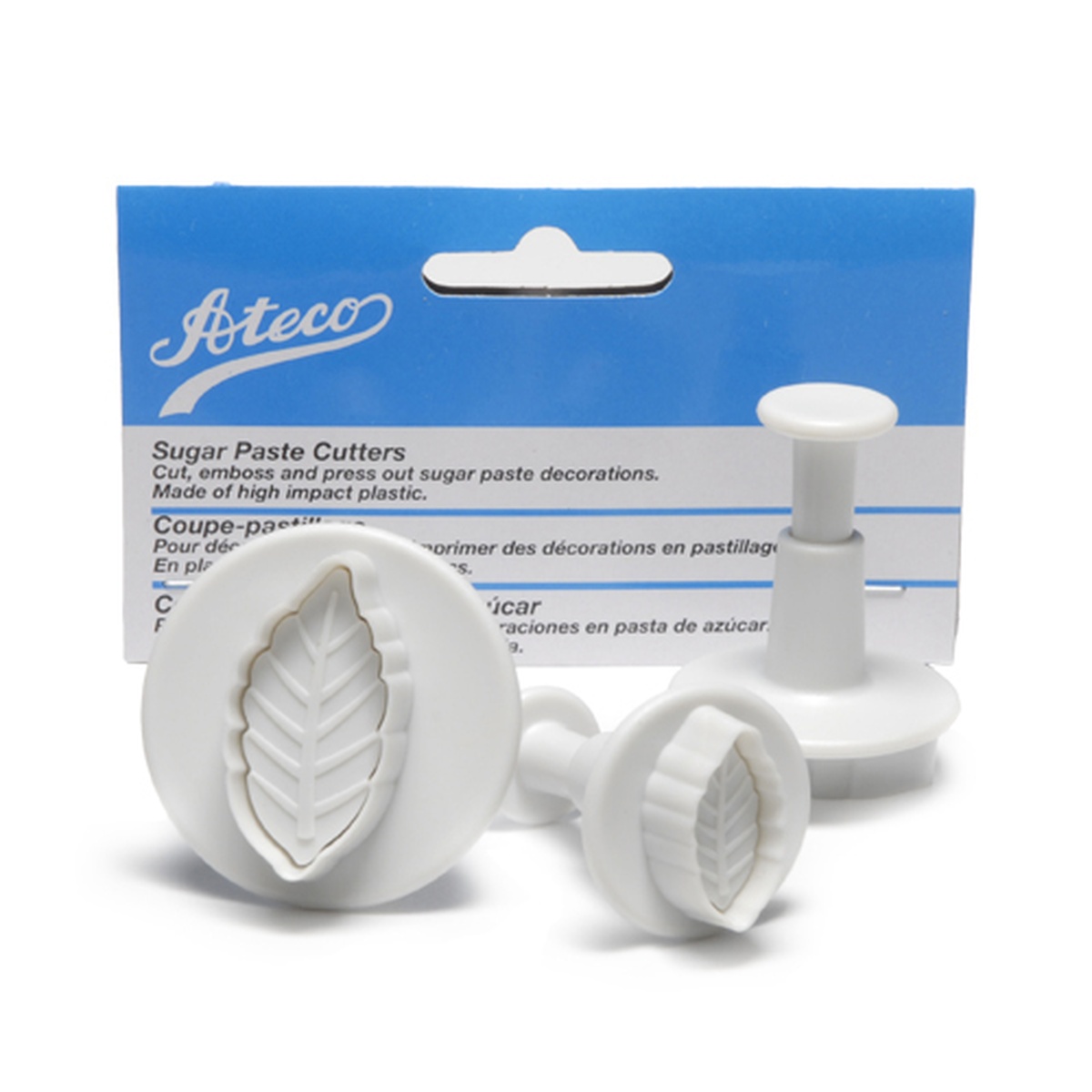 Ateco 1955 three-piece leaf plunger cutter set in white food-grade plastic, shown with retail packaging