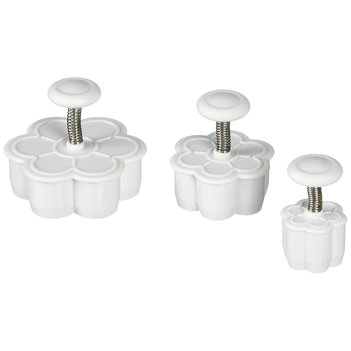 Ateco 1957 daisy plunger cutters set of three sizes showing spring-loaded handles and flower-shaped cutting bases