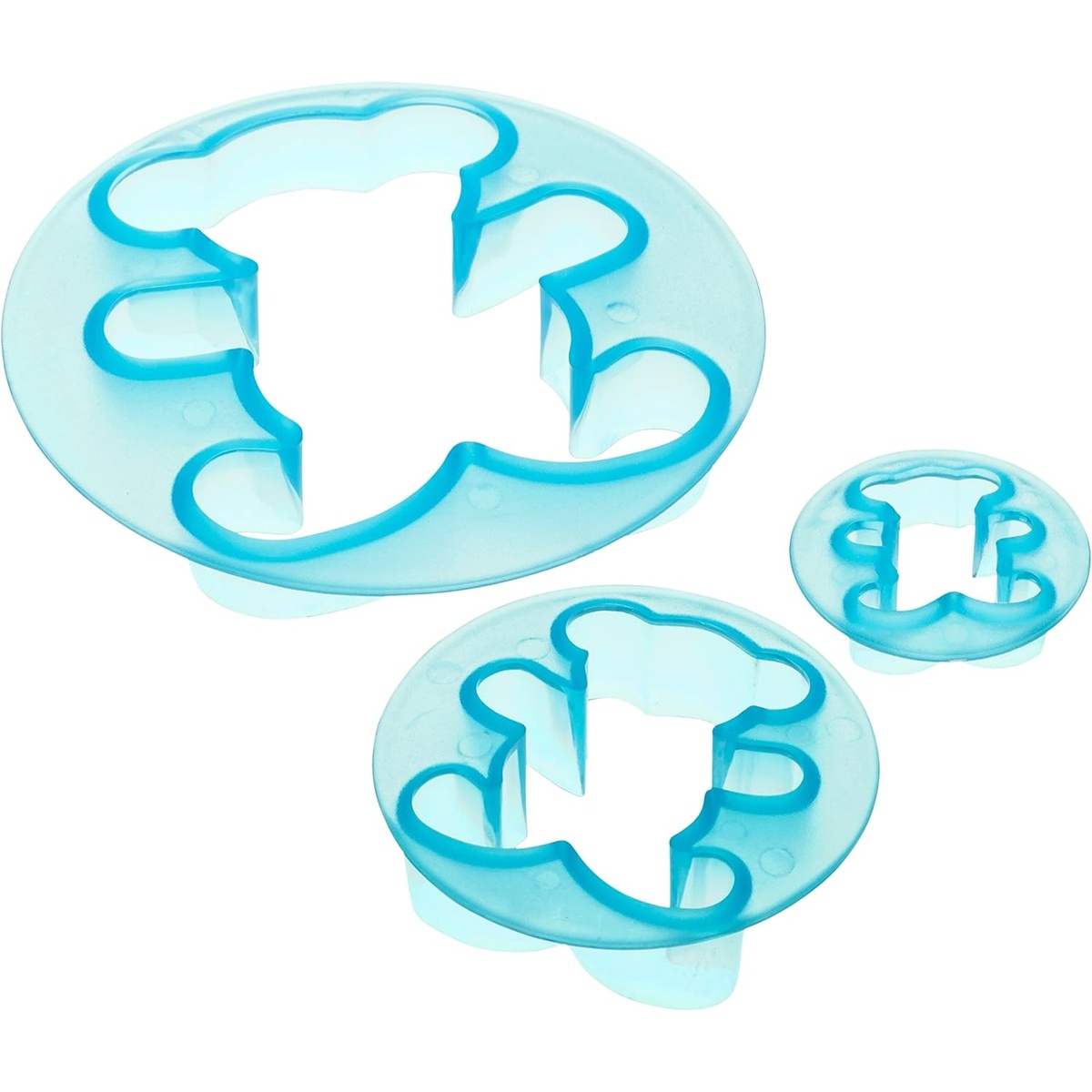 Ateco 1968 three blue plastic teddy bear plunger cutters in small, medium, and large sizes on white background