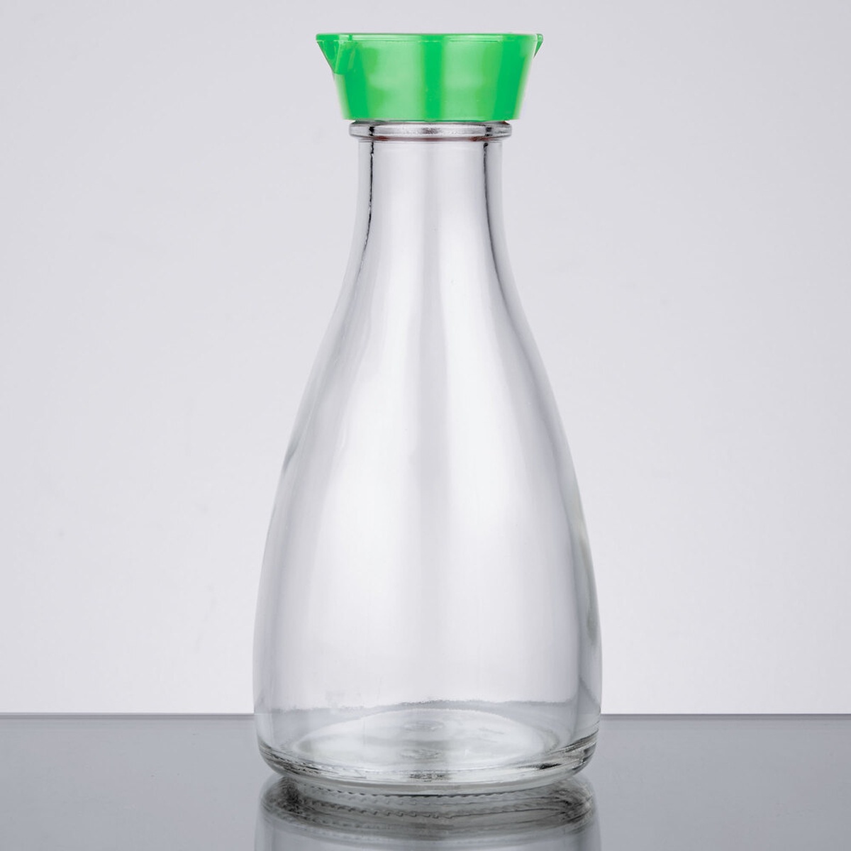 Town 19816 clear glass soy sauce bottle with green plastic cap, shown empty on a neutral background