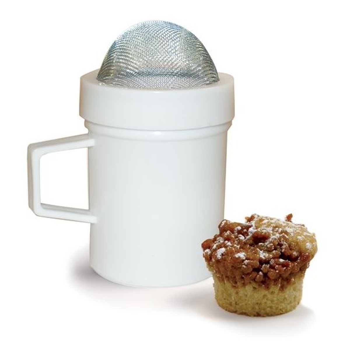 Norpro 199 white mesh shaker with domed stainless steel screen next to a powdered sugar-dusted muffin