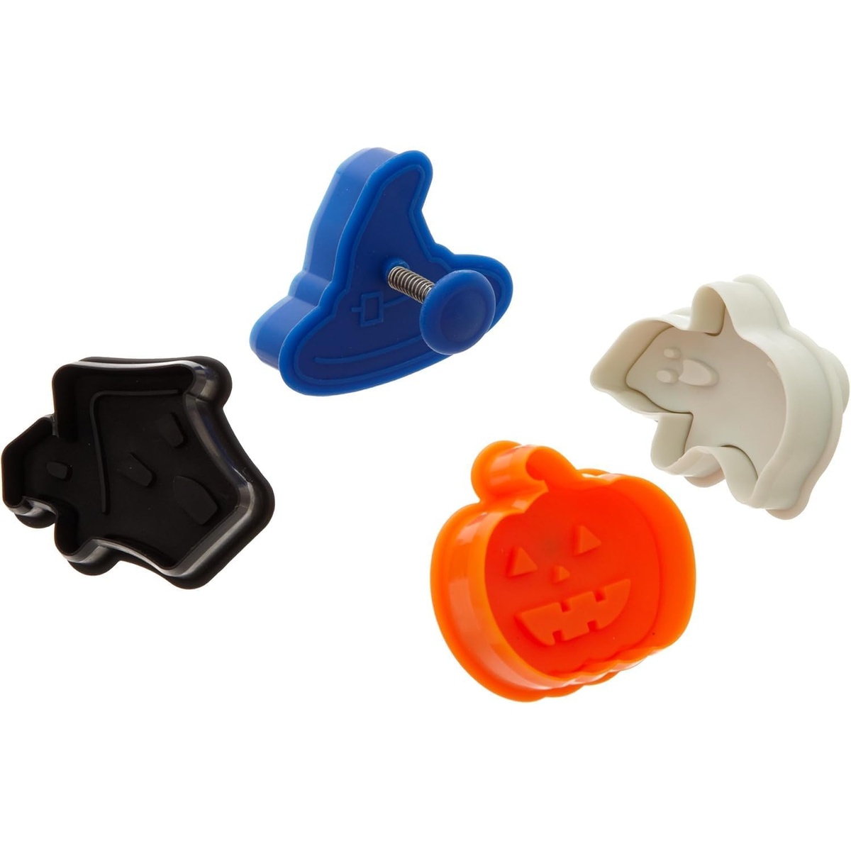 Ateco 1992 Halloween plunger cutter set showing four shapes: witch hat (blue), ghost (gray), jack-o-lantern (orange), and black cat (black)