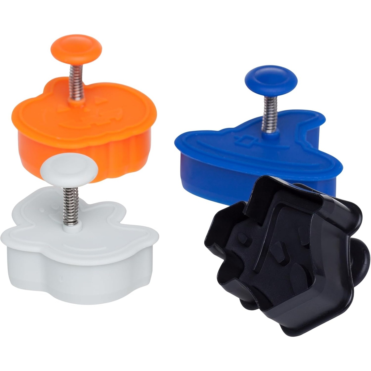 Ateco Halloween plunger cutters shown assembled and disassembled, revealing the spring-loaded plunger mechanism inside the cutter body