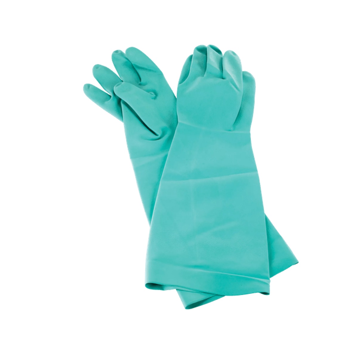 Green nitrile pot and sink gloves displayed at an angle showing elbow-length cuff and flexible fingers