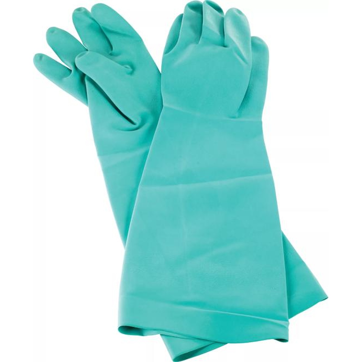 Pair of green nitrile elbow-length dishwashing gloves shown side by side on white background