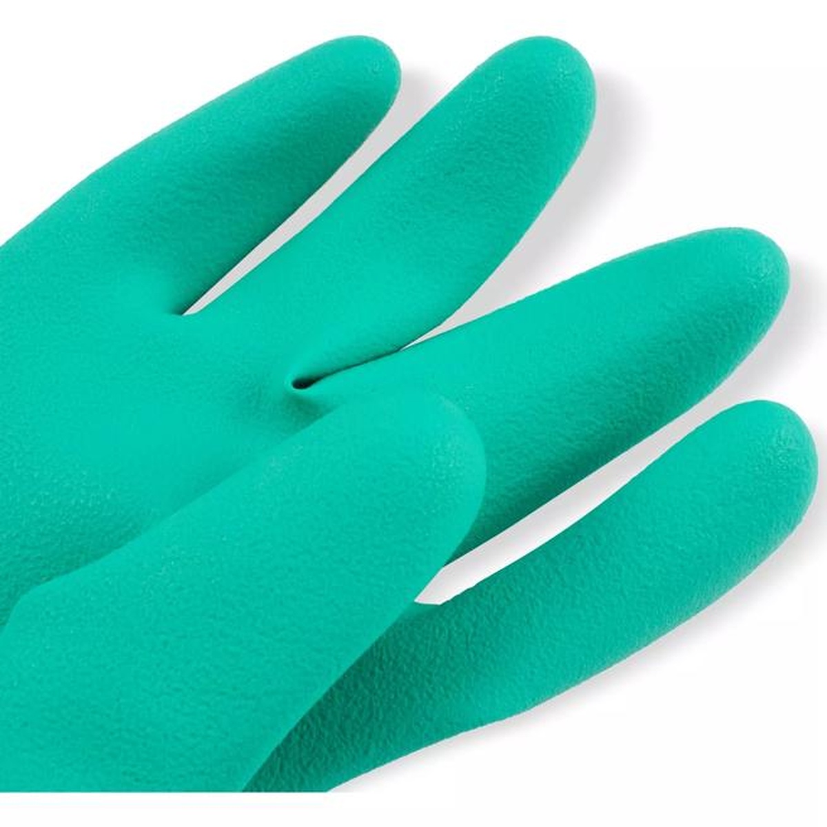 Close-up of embossed grip texture on green nitrile glove fingertips