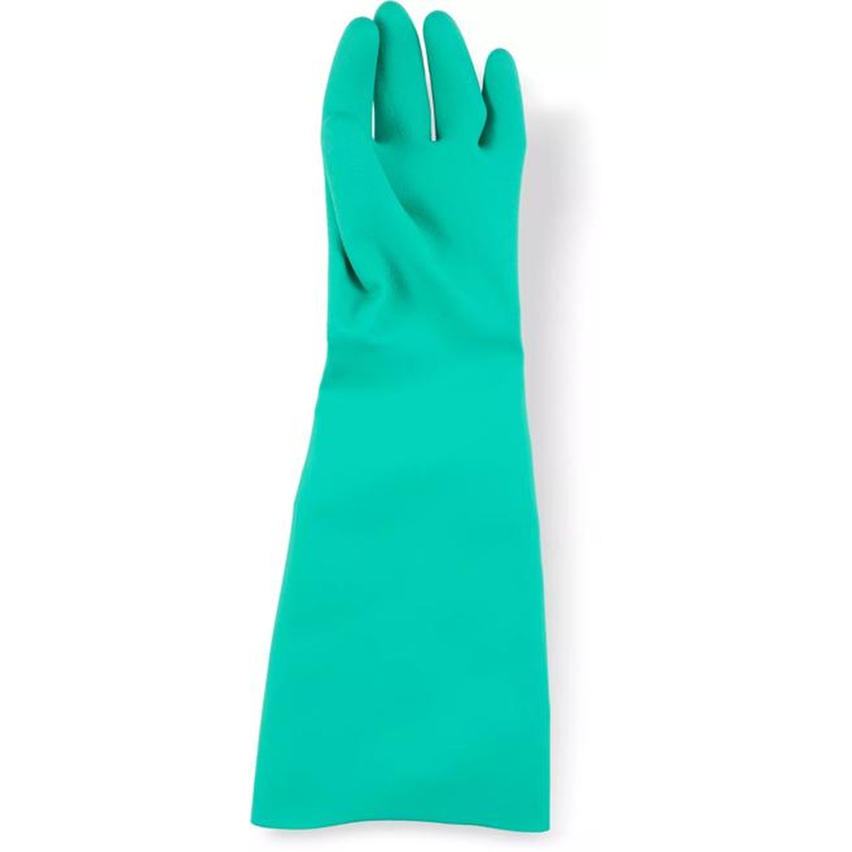 Single green nitrile glove showing full elbow length on white background
