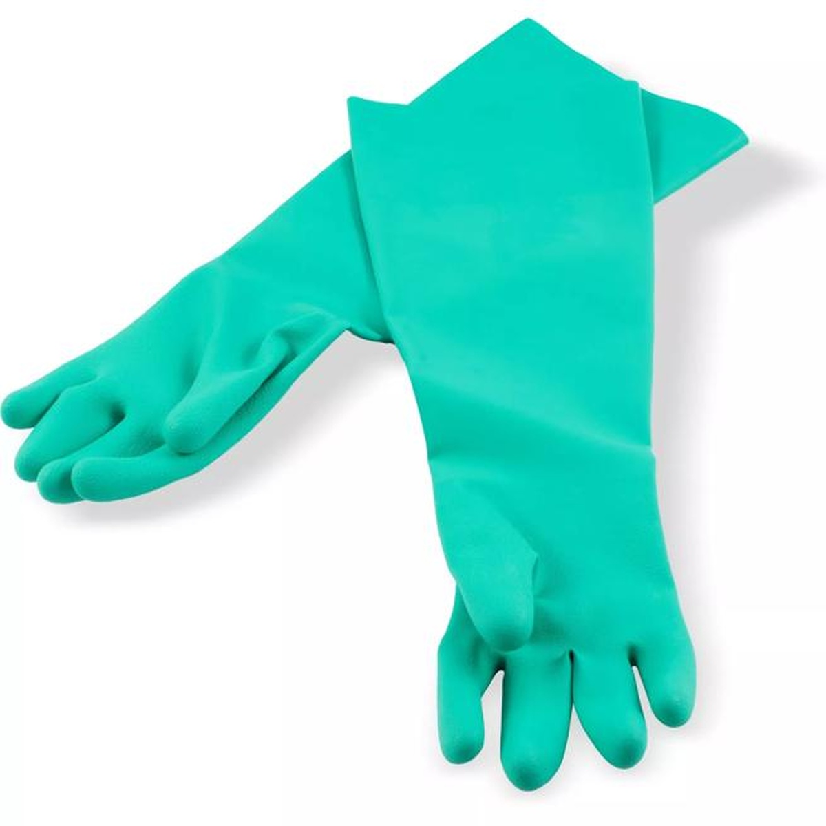 Pair of green nitrile dishwashing gloves laid flat showing elbow length