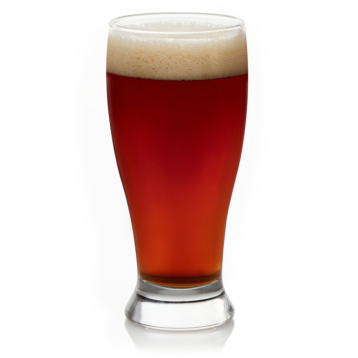 Libbey 19 oz pub beer glass filled with amber beer and a frothy head