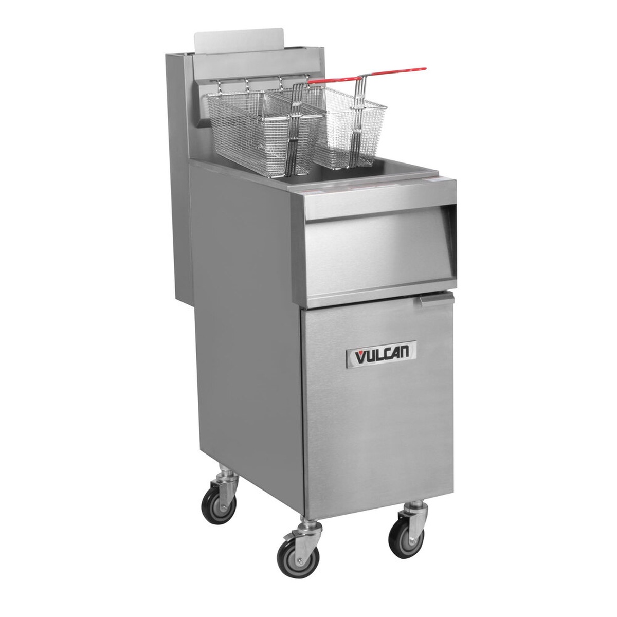 Vulcan 1GR35M stainless steel floor fryer angled view with twin fry baskets and casters