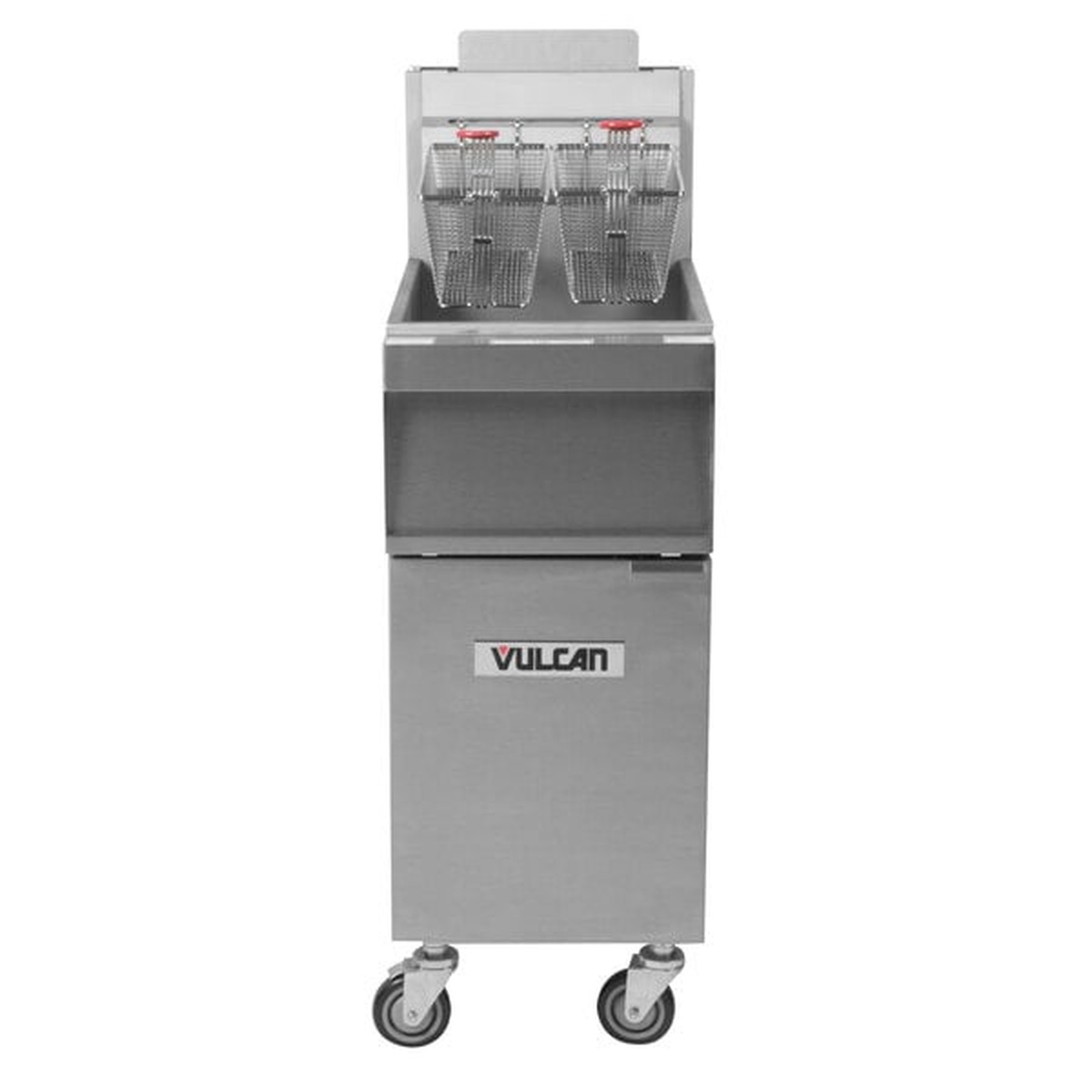 Vulcan 1GR35M floor fryer front view showing twin baskets and stainless steel cabinet