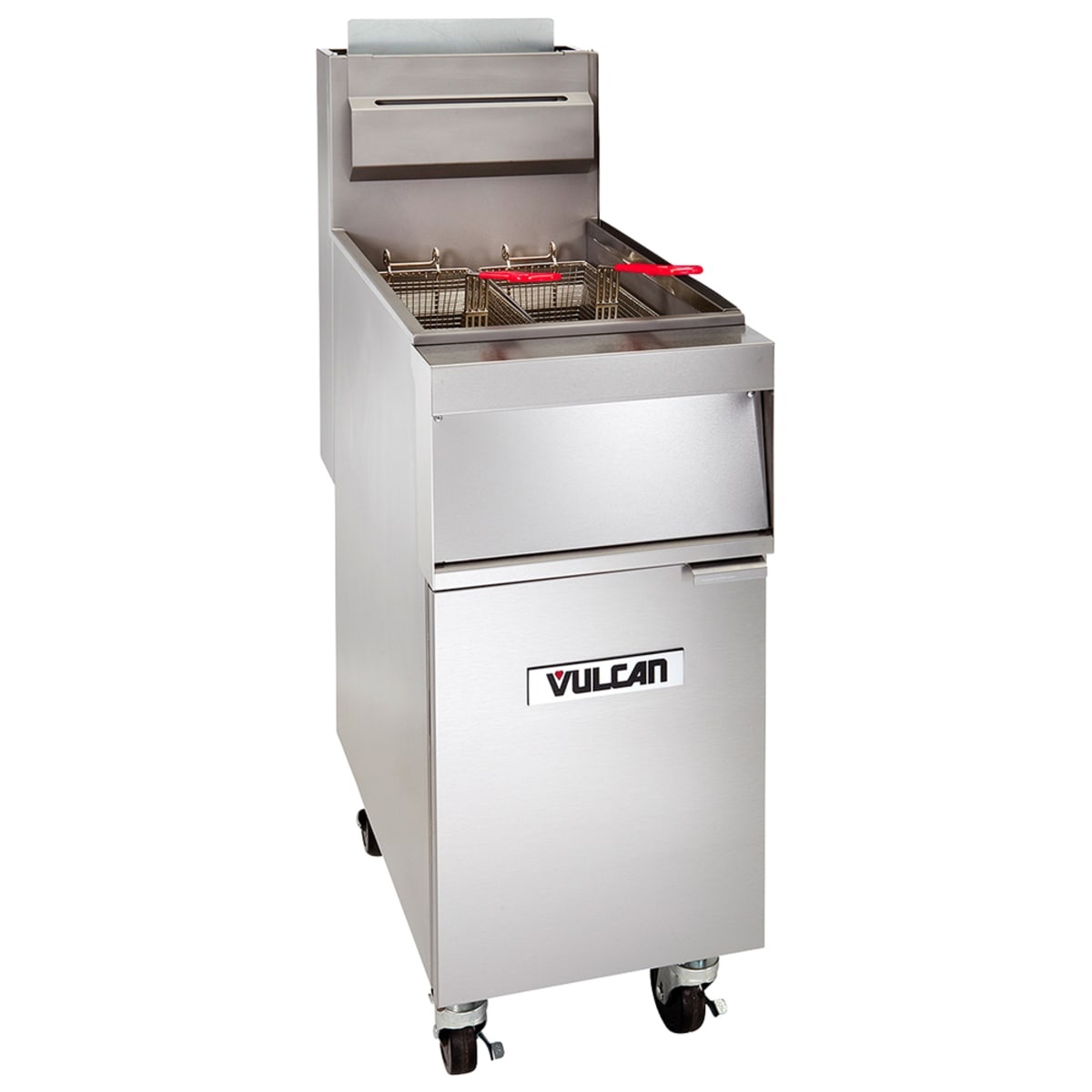 Vulcan 1GR35M-LP liquid propane floor fryer angled view with twin fry baskets on casters