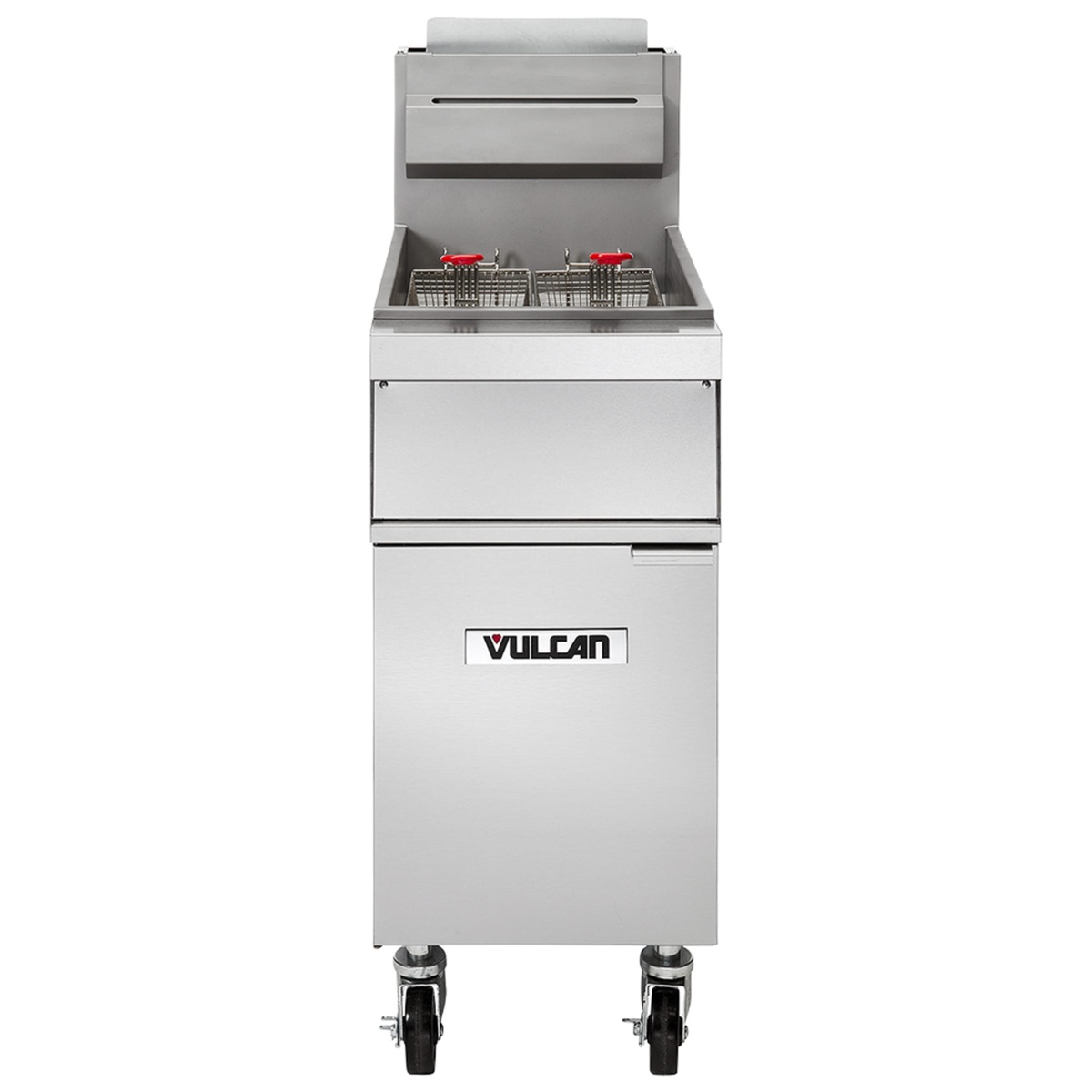 Vulcan 1GR35M-LP floor fryer front view showing dual fry baskets and stainless steel cabinet