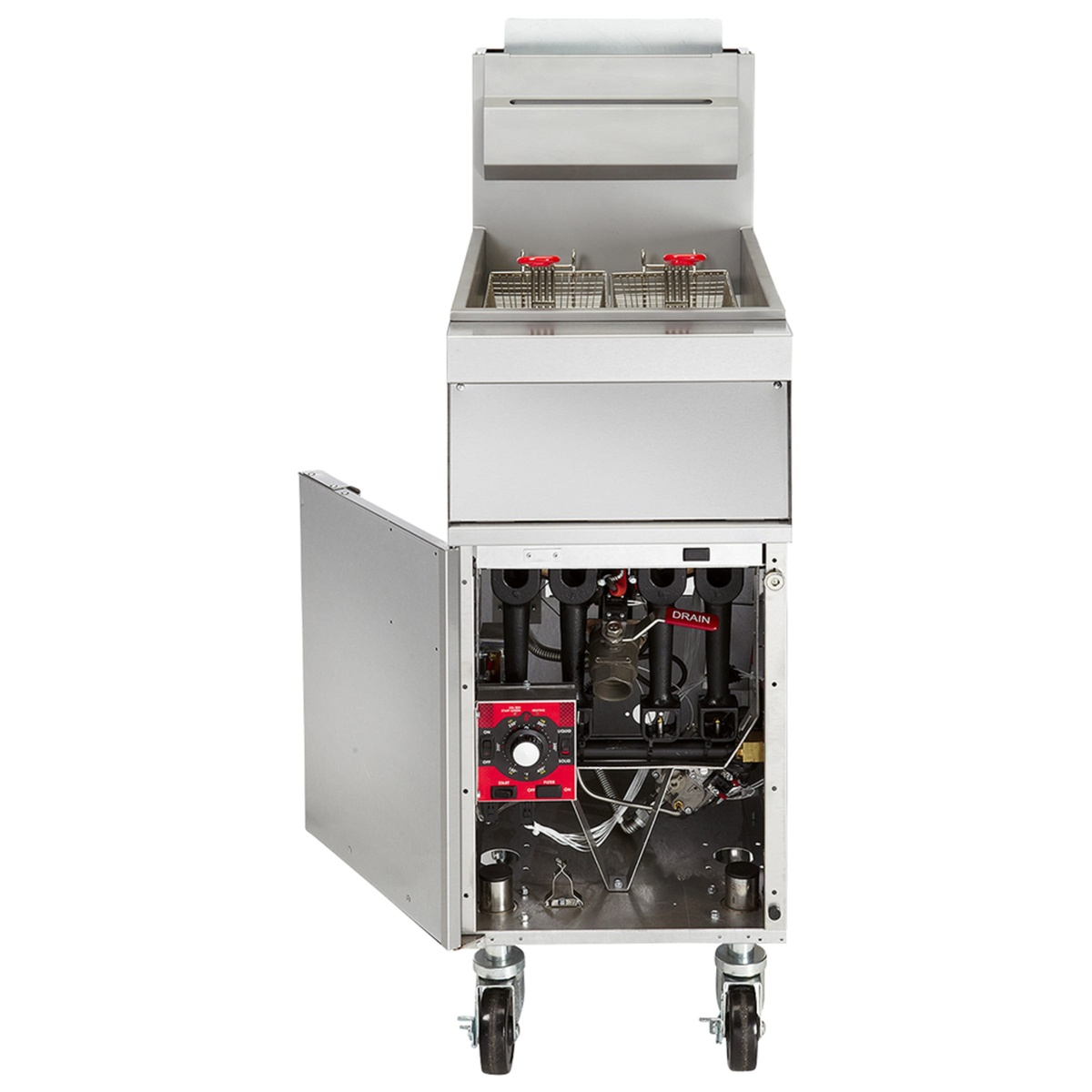 Vulcan 1GR35M-LP fryer with cabinet door open revealing millivolt controls, tube burners, and drain valve
