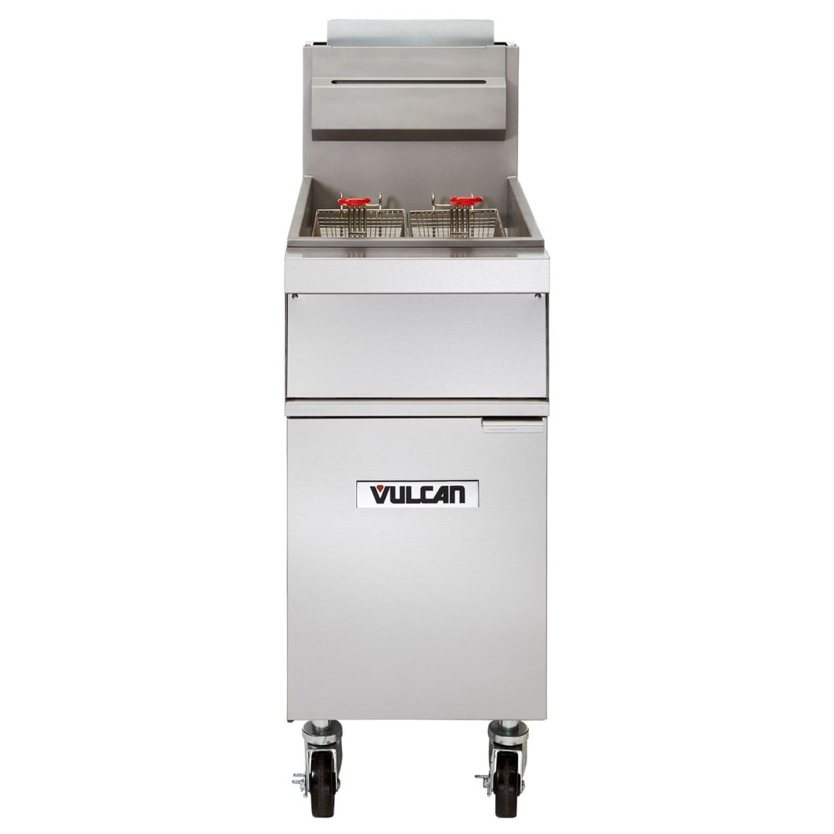 Vulcan 1GR45M-LP floor model gas fryer with twin fry baskets and casters, front view