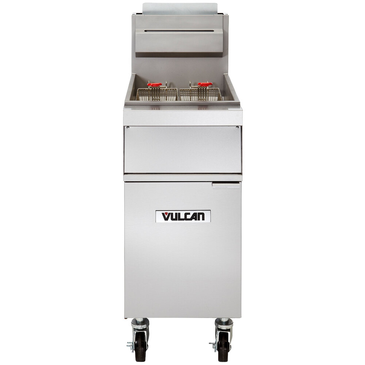 Vulcan 1GR65M free-standing natural gas floor fryer with stainless steel cabinet, twin fry baskets, and caster wheels