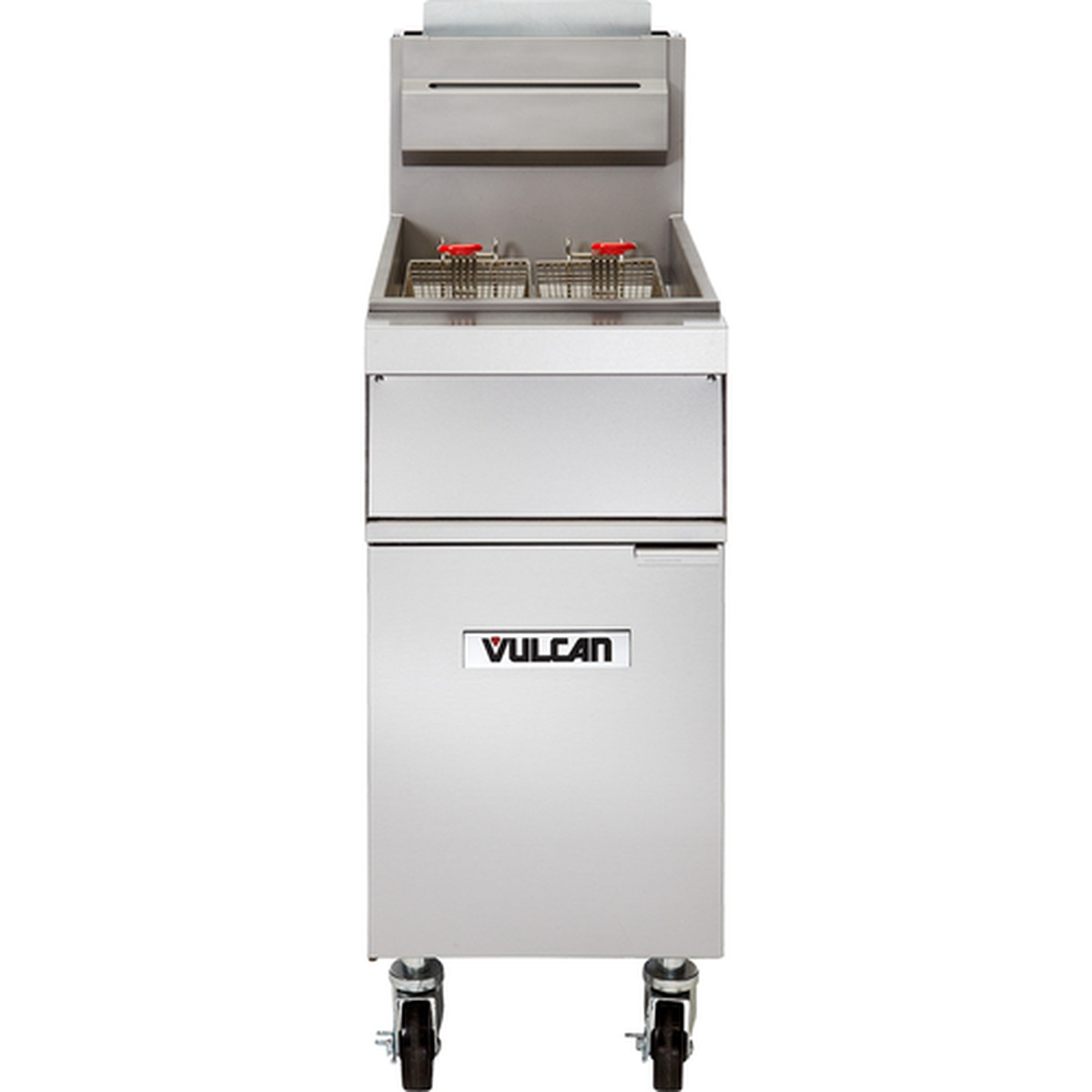 Vulcan 1GR65M-LP free-standing floor fryer front view showing Vulcan branding, stainless steel body, and casters