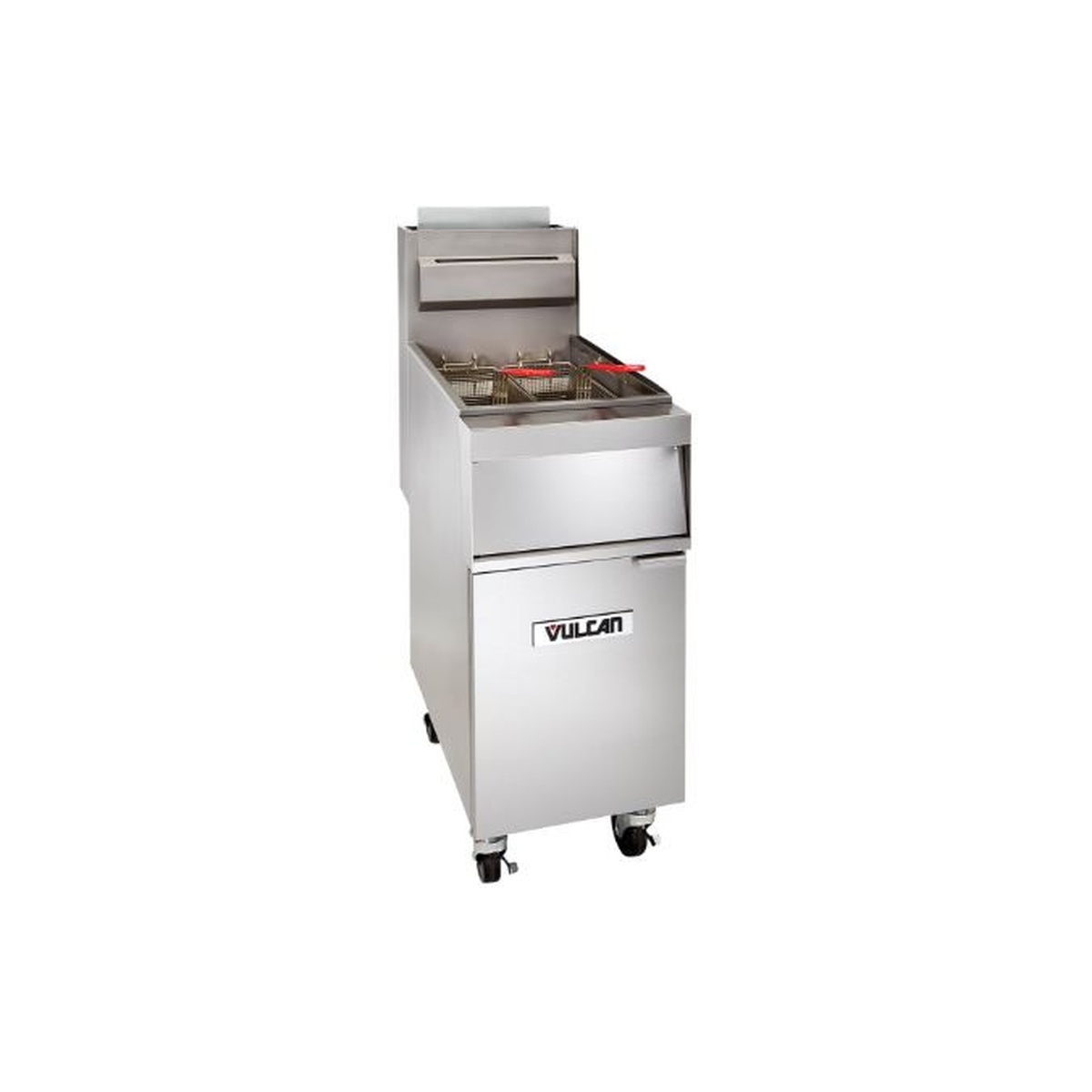 Vulcan 1GR65M-LP liquid propane floor fryer angled view showing stainless steel exterior and twin fry baskets